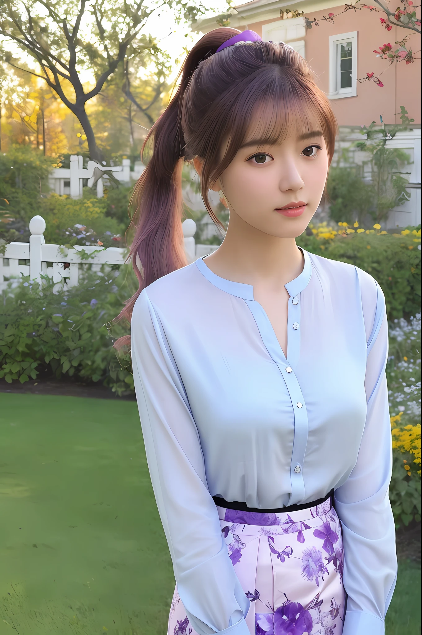 (8k, RAW photo, best quality, masterpiece), (realistic, photo-realistic:1.2), ultra detailed, 1 girl, cute, solo, beautiful detailed sky, Keep your mouth shut, Garden Flower Sea, Hands behind Your back,) wearing an ice silk shirt, striped pencil skirt, medium build, short purple hair, ponytail, Chinese girl eyes, super fine details, complex scenes, ambient light, soft light, elegant, symmetrical facial features, garden view, gossamer, ethereal, full body, ponytail, gentle sister flower, mild, twin sisters