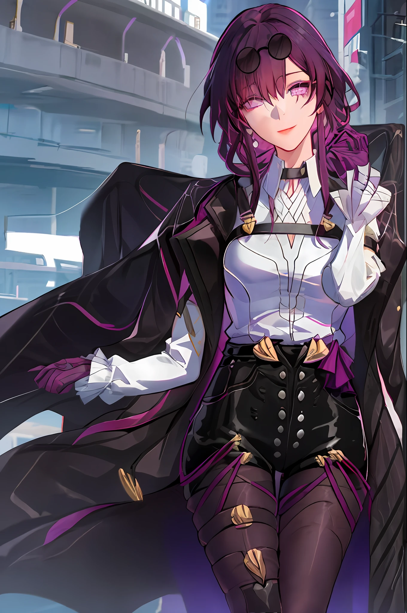 kafka(hsr), collared shirt, cowboy shot, street background, shorts, sunglasses, head glasses, solo, pantyhose, black shorts, coat, long sleeves, 1 girl, tall building, closed mouth, long hair , looking at viewer, gloves , big boobs, shirt, white shirt, smile, purple eyes, purple hair, hold 