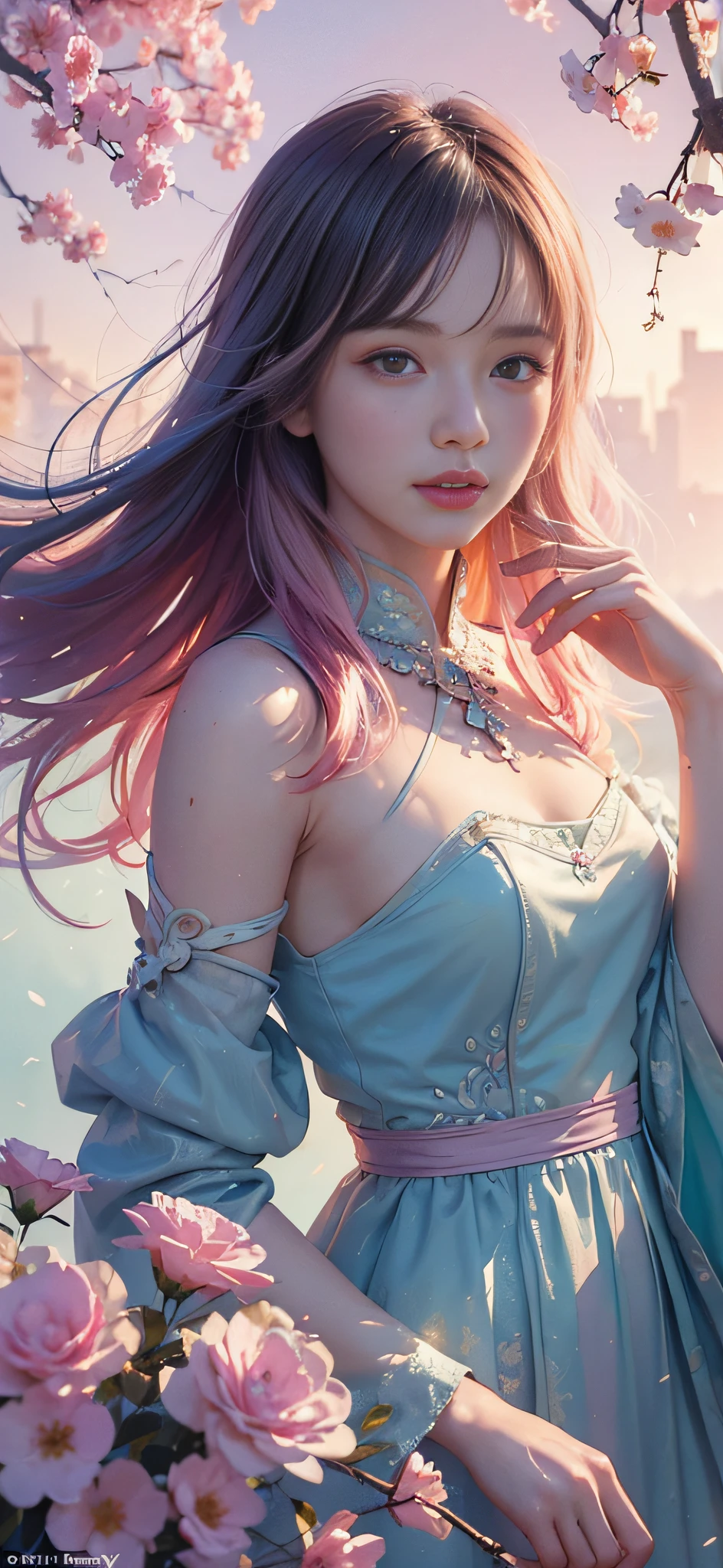 add_detail:2,1girl,detailed face,princess,taoist),flower, Lisianthus ,in the style of light pink and light azure, dreamy and romantic compositions, pale pink, ethereal foliage, playful arrangements,fantasy, high contrast, ink strokes, explosions, over exposure, purple and red tone impression , abstract, ((watercolor painting by John Berkey and Jeremy Mann )) brush strokes, negative space