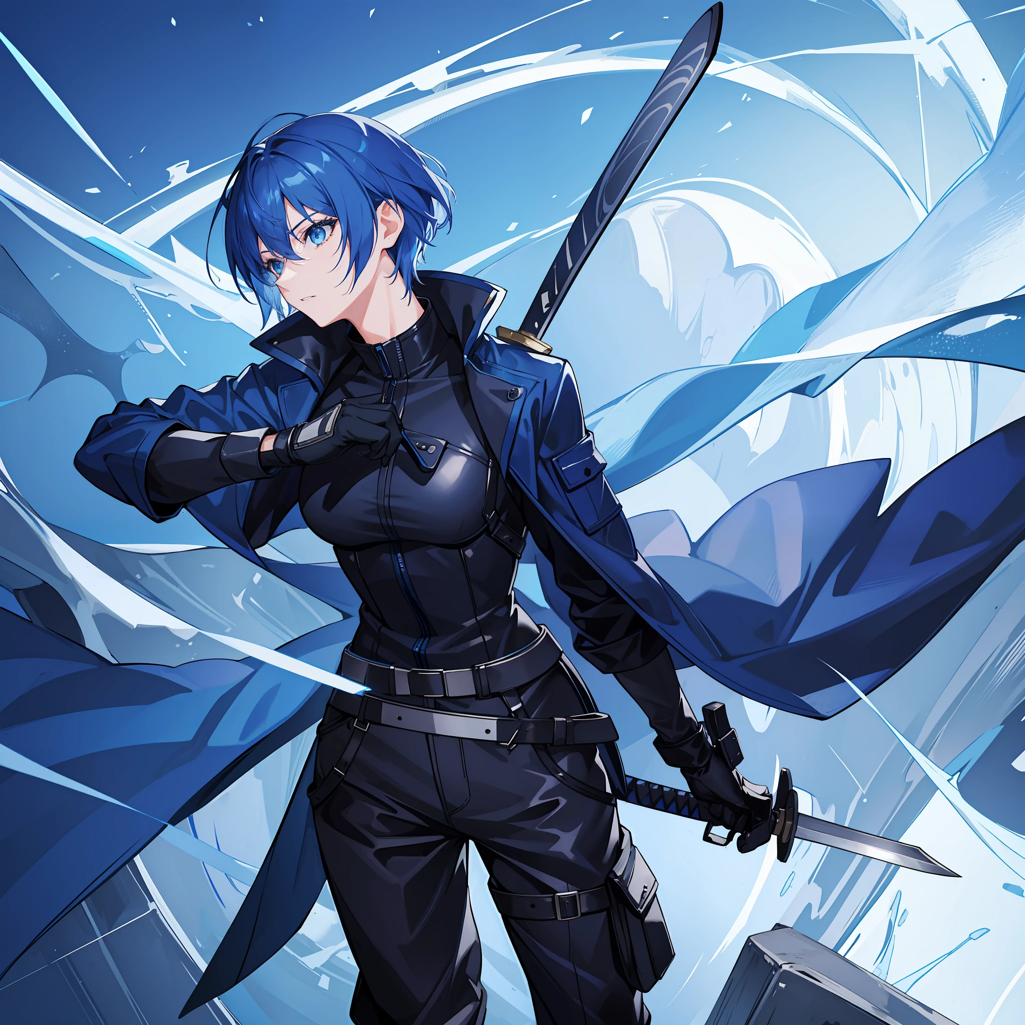 A woman, blue-eyed, short-haired, with blue locks. Wearing a black coat, with a baggy pants, with a glove on his left hand, holding a long sword.