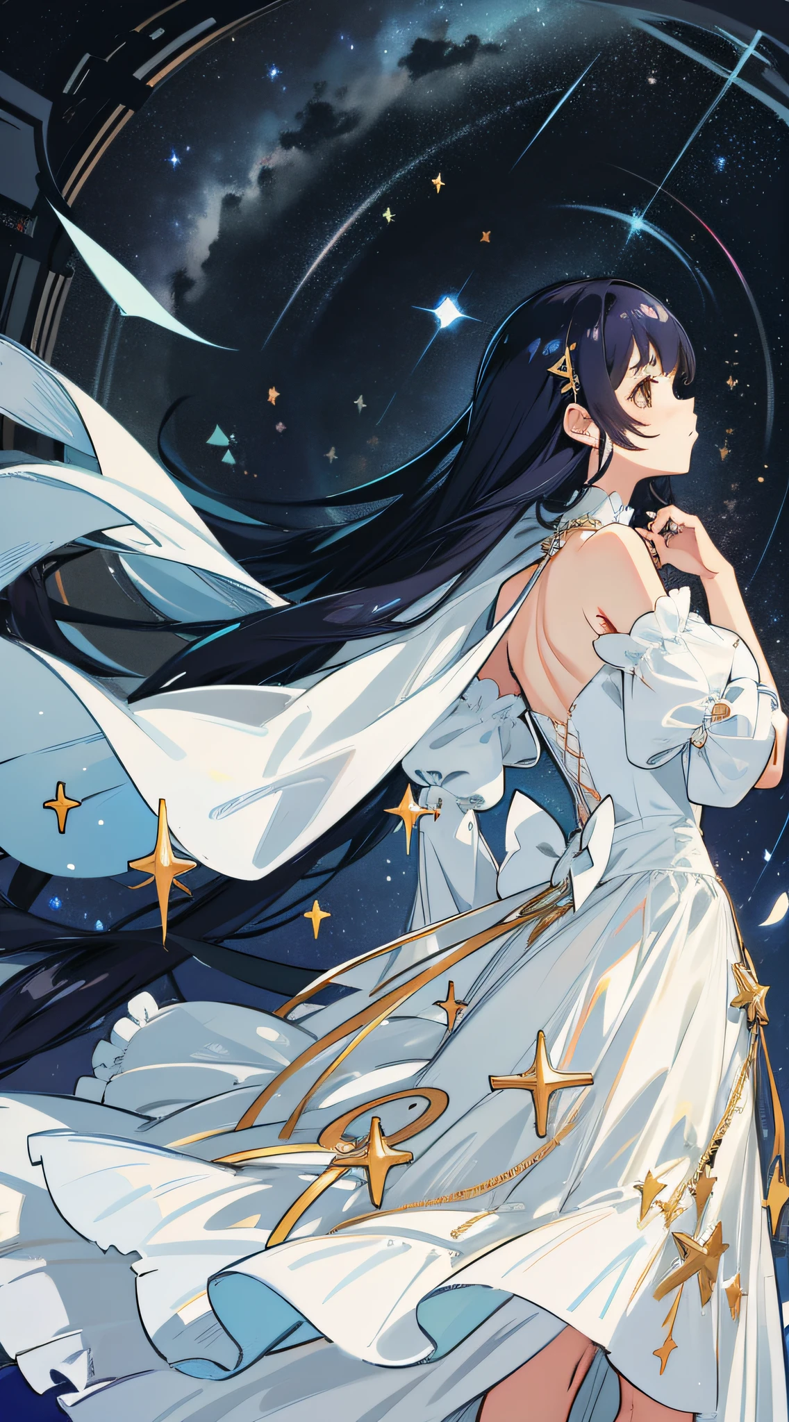 Under the stars, shooting stars, girl standing, back, small river reflecting the starry sky, girl long hair, white dress, hair flying, delicate, night