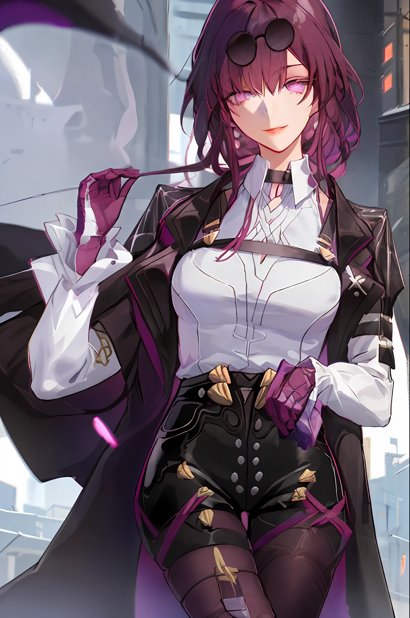 kafka(hsr), collared shirt, cowboy shot, street background, shorts, sunglasses, head glasses, solo, pantyhose, black shorts, coat, long sleeves, 1 girl, tall building, closed mouth, long hair , looking at viewer, gloves , big boobs, shirt, white shirt, smile, purple eyes, purple hair, hold small child