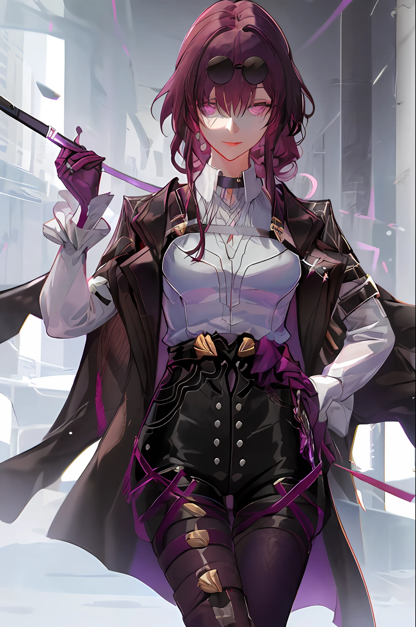 kafka(hsr), collared shirt, cowboy shot, room background, shorts, sunglasses, head glasses, solo, pantyhose, black shorts, coats, long sleeves, 2 women, out of monitor, mouth closed, long hair , looking at the viewer, big breasts, shirt, white shirt, smile, purple eyes, purple hair,