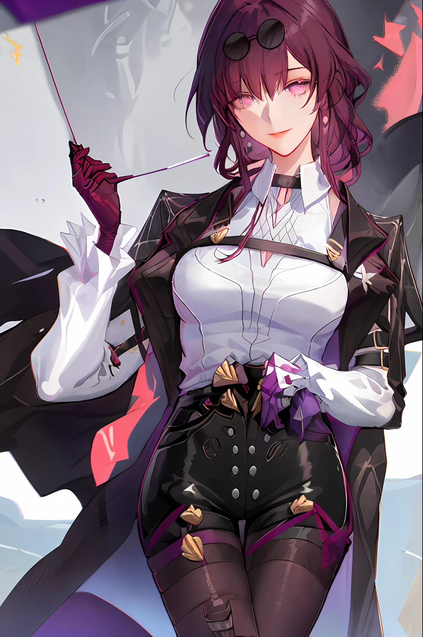 kafka(hsr), collared shirt, cowboy shot, room background, shorts, sunglasses, head glasses, solo, pantyhose, black shorts, coats, long sleeves, 2 women, out of monitor, mouth closed, long hair , looking at the viewer, big breasts, shirt, white shirt, smile, purple eyes, purple hair,