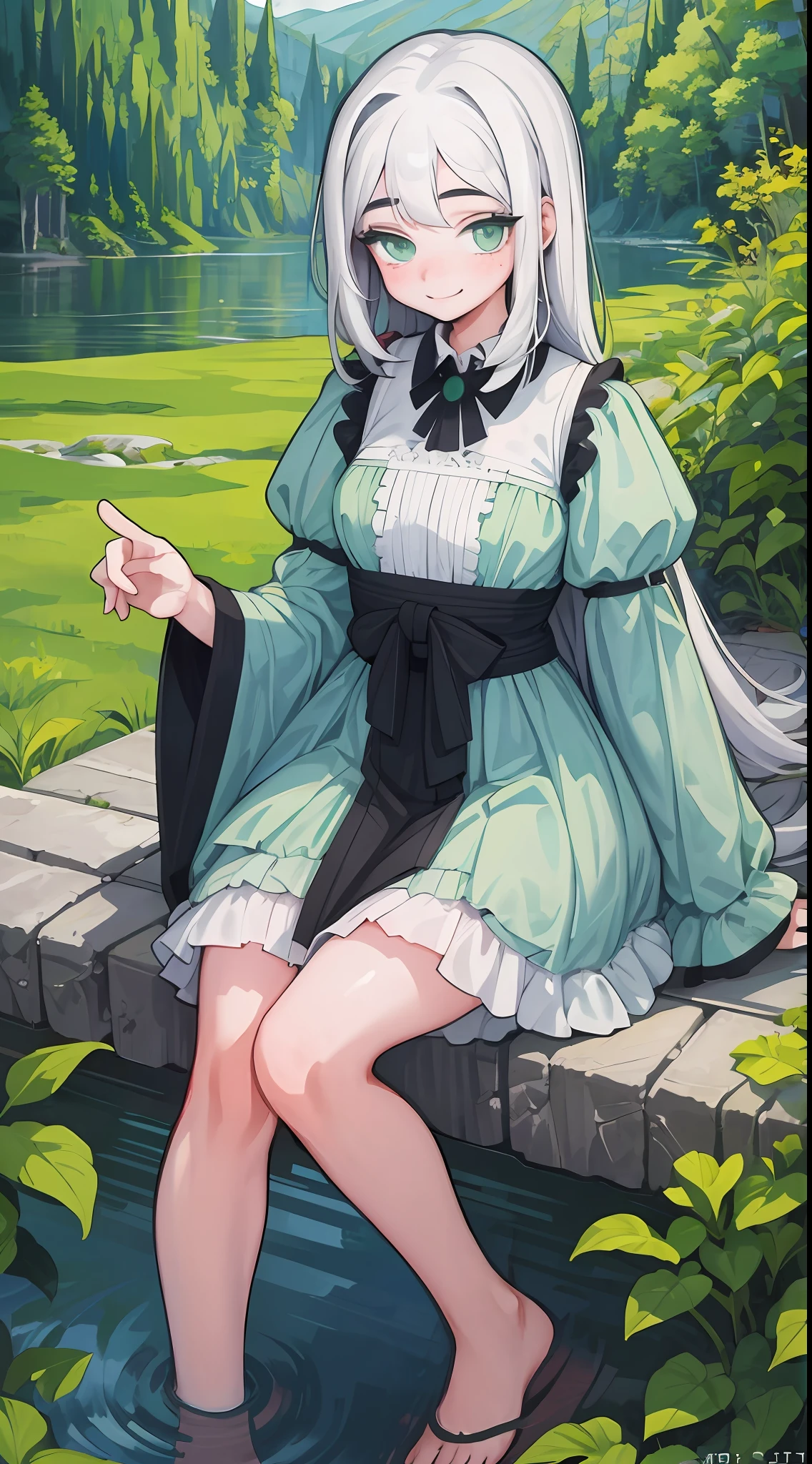 ((best quality)), ((masterpiece)), (detailed), 1girl, cute smile, freckles, serene, sitting, white hair, green eyes, (looking away)