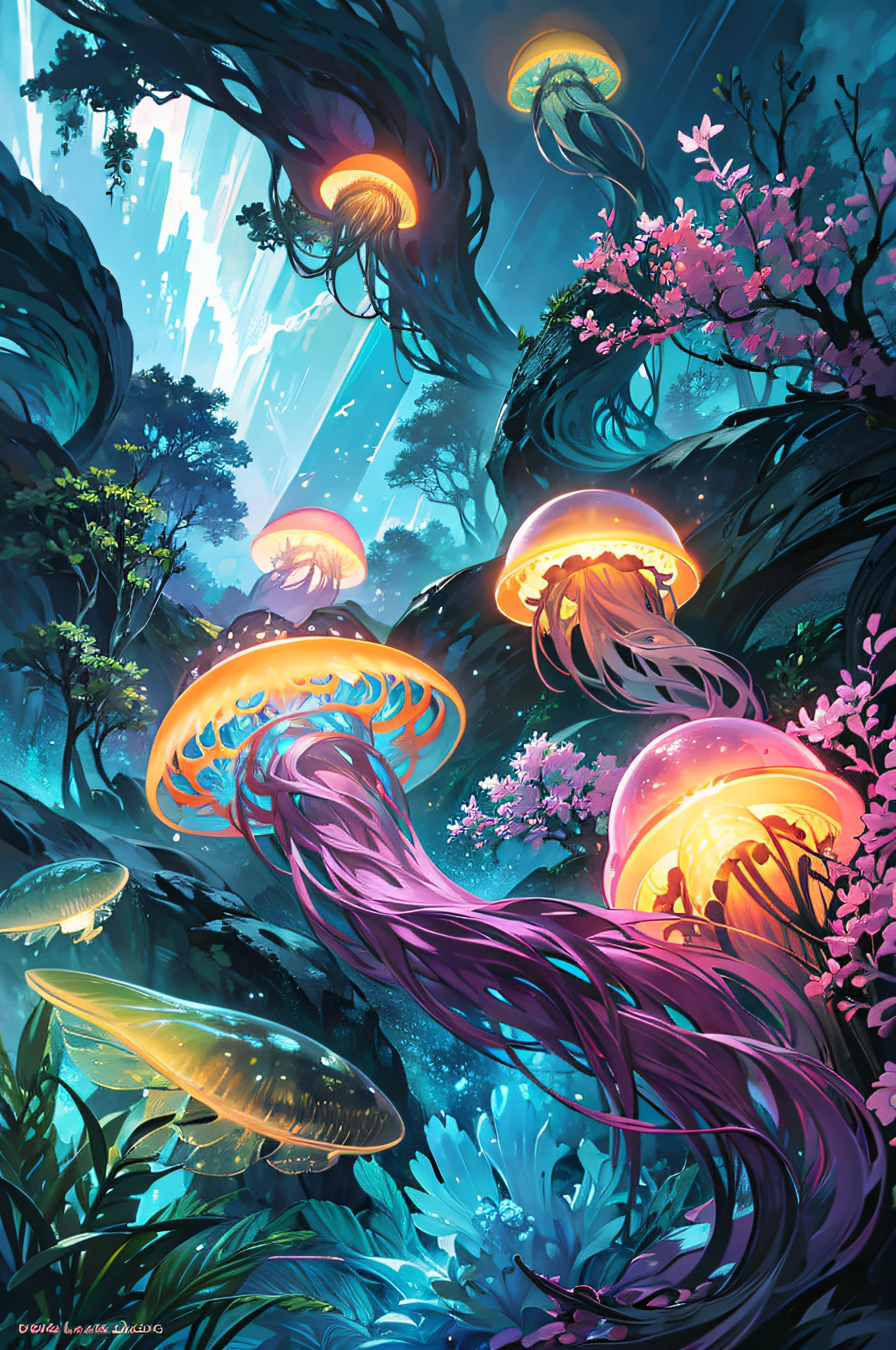 Masterpiece, High Quality, Ocean Forest, City, Fantastic Fantasy, Glowing Plants, Coral Viaduct, (Swarm of Glowing Jellyfish), (Shoal of Fish with Transparent Wings Flying in the Sky), Misty, Extreme Detail, Morning Light, Epic Composition, (Intricate Detail), (Intricate Design, Ultra Detail: 1.2), Art Station, (Masterpiece, Best Quality), Ultra HD, 32k --v 6