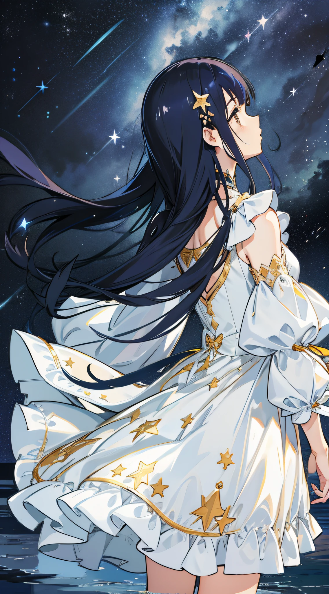 Under the stars, shooting stars, girl standing, back, small river reflecting the starry sky, girl long hair, white dress, hair flying, delicate, night