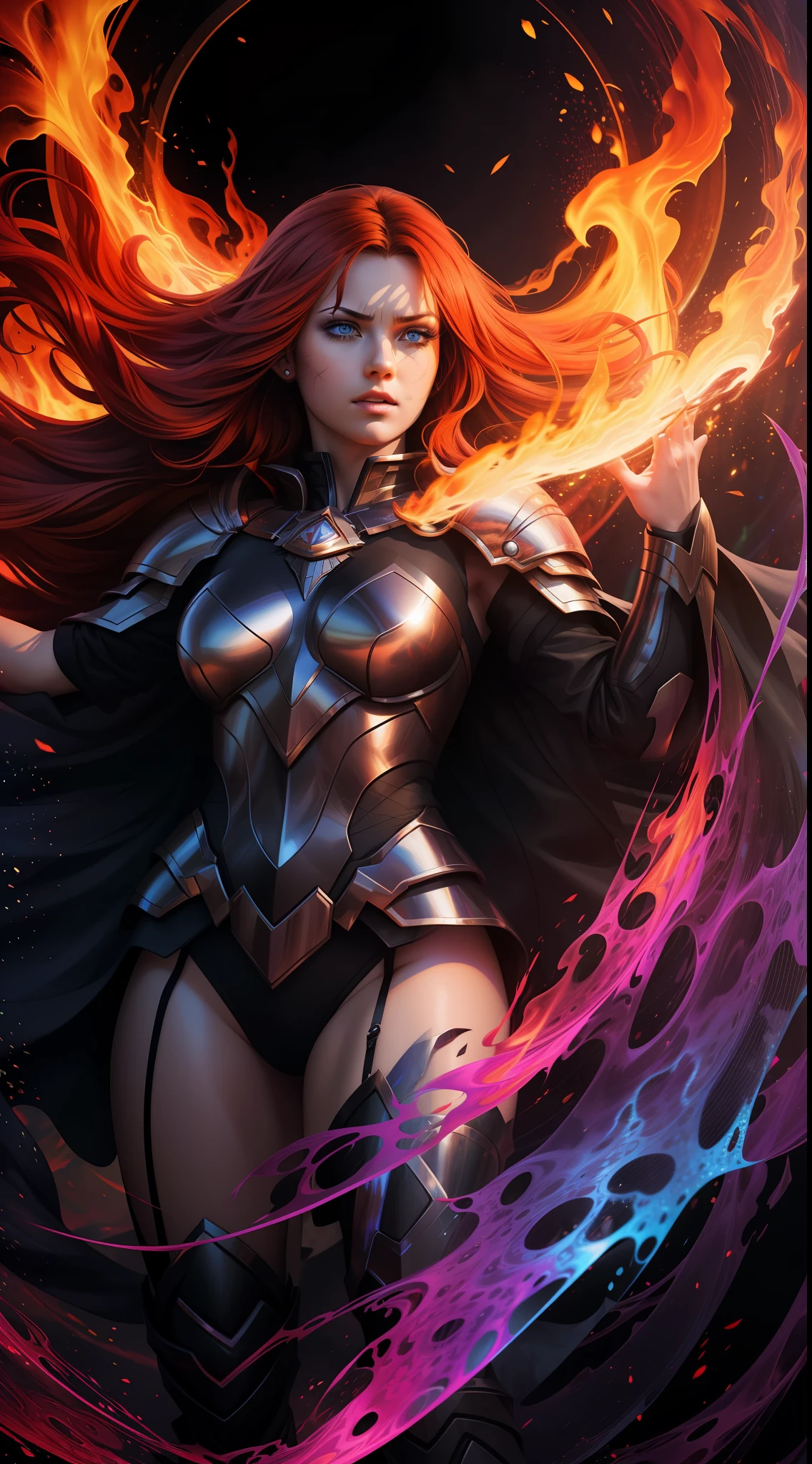 high contrast, swirling light, (dark:1.2), deep shadow, darkness, realistic, closeup, 1girl, solo, red hair, sharp face, long hair, flowing hair, blue eyes, dynamic angle, full body, magic circle, dark fantasy, masterpiece, best quality, ultra-detailed, best shadow, BREAK, [(colorful explosion psychedelic paint colors:1.2)::0.20], thepit bimpo, sexy, glossy, armor, hyper realistic, alive, cinematic light, colorful, hyper detail, dramatic light, intricate details, pain splatter, depth of field, fire particles, broken glass, (sweltering:0.7),
