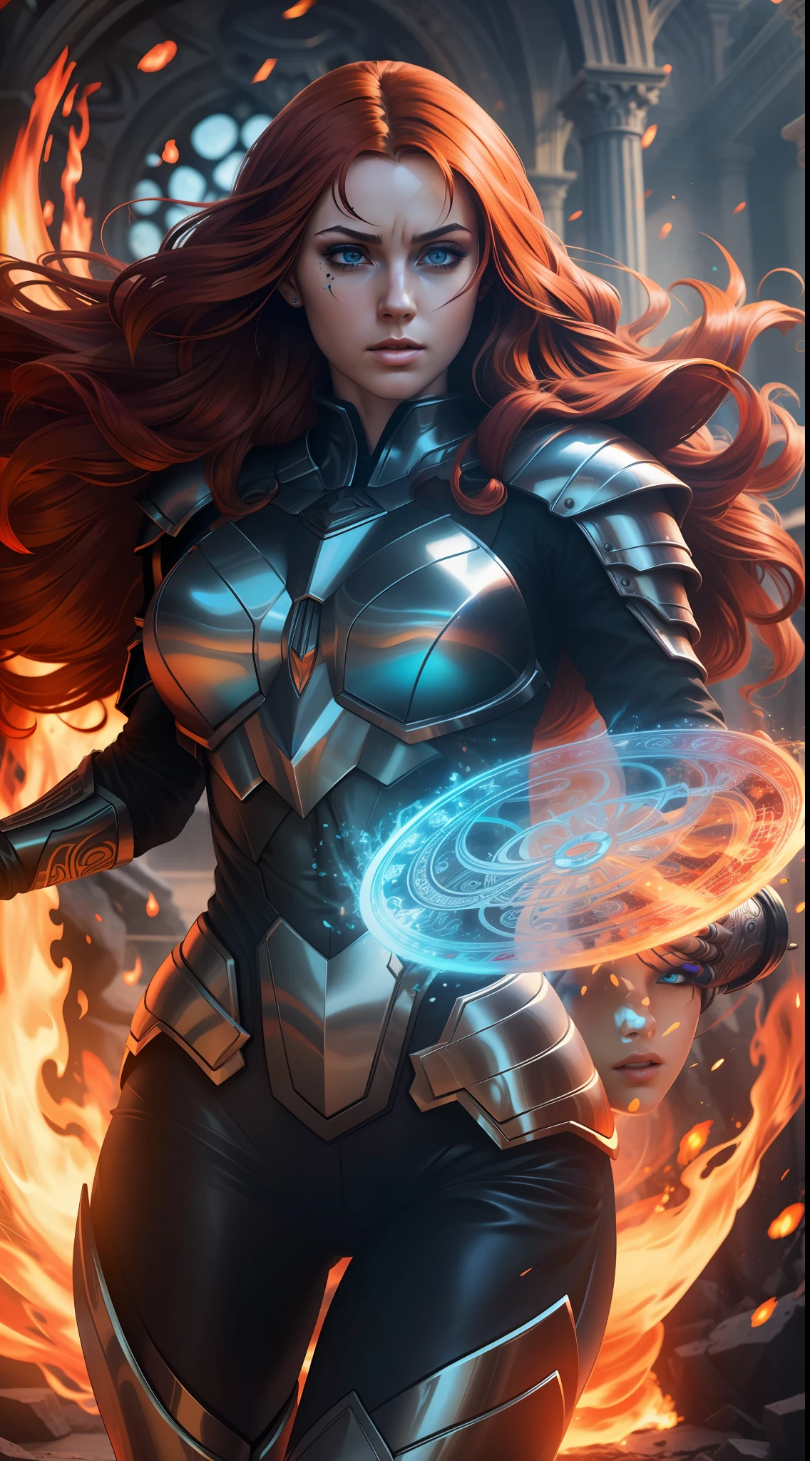 high contrast, swirling light, (dark:1.2), deep shadow, darkness, realistic, closeup, 1girl, solo, red hair, sharp face, long hair, flowing hair, blue eyes, dynamic angle, full body, magic circle, dark fantasy, masterpiece, best quality, ultra-detailed, best shadow, BREAK, [(colorful explosion psychedelic paint colors:1.2)::0.20], thepit bimpo, sexy, glossy, armor, hyper realistic, alive, cinematic light, colorful, hyper detail, dramatic light, intricate details, pain splatter, depth of field, fire particles, broken glass, (sweltering:0.7),