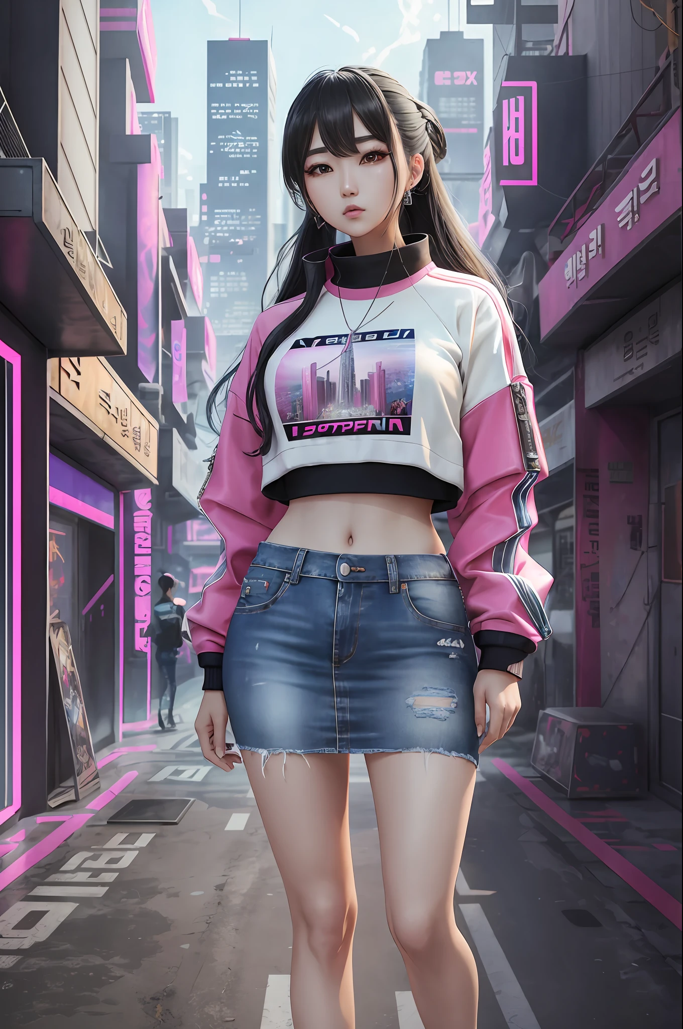 korean k-poper, flared denim skirt, cropped sweatshirt aesthetic, futuristic city in the background, realistic, hypermaximalist, 4k, 8k, amazing, maximum quality, extreme realism, uhd, shaders, ultra realistic, hypermaximalist, ultra graphics. --auto --s2