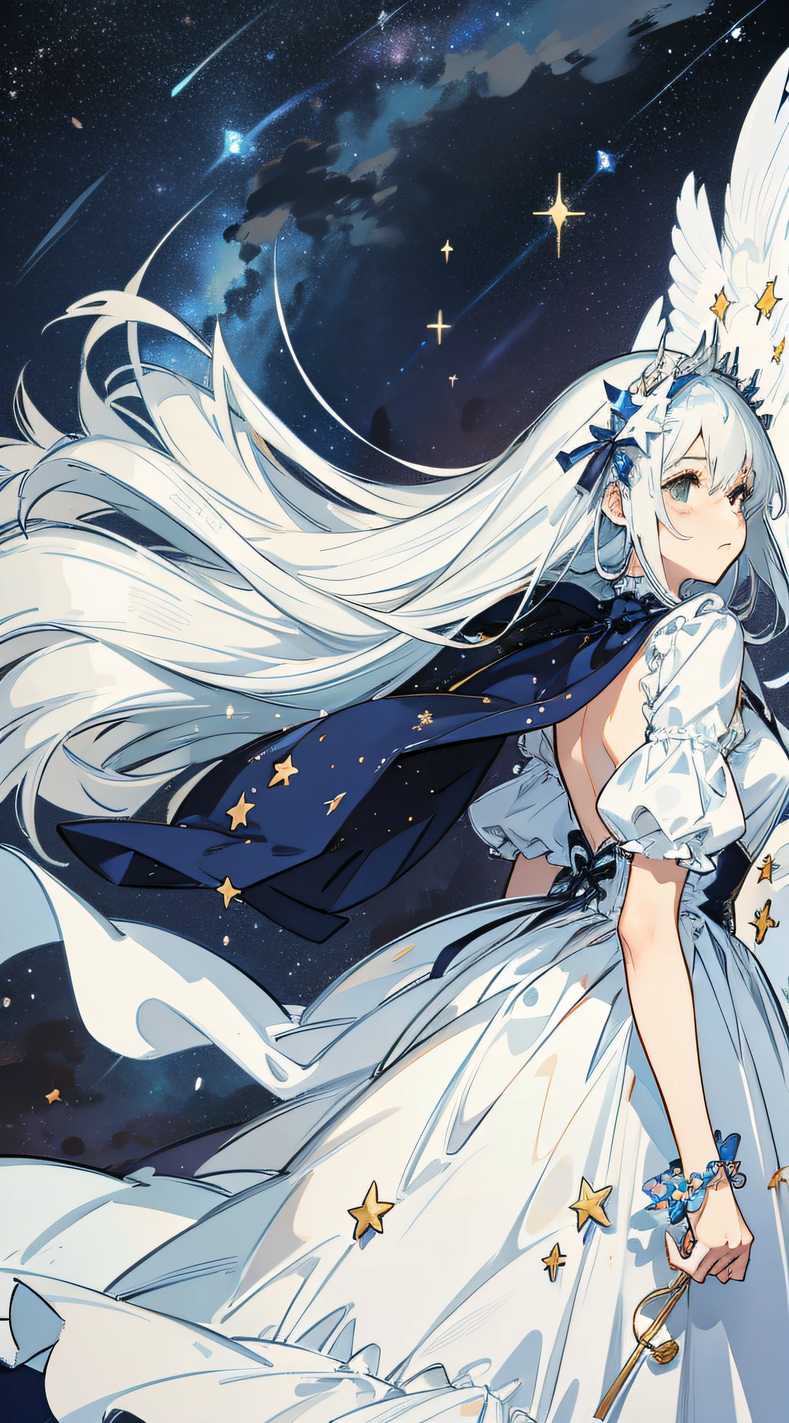 Under the stars, shooting stars, girl standing, back, small river reflecting the starry sky, girl long hair, white dress, hair flying, delicate, night