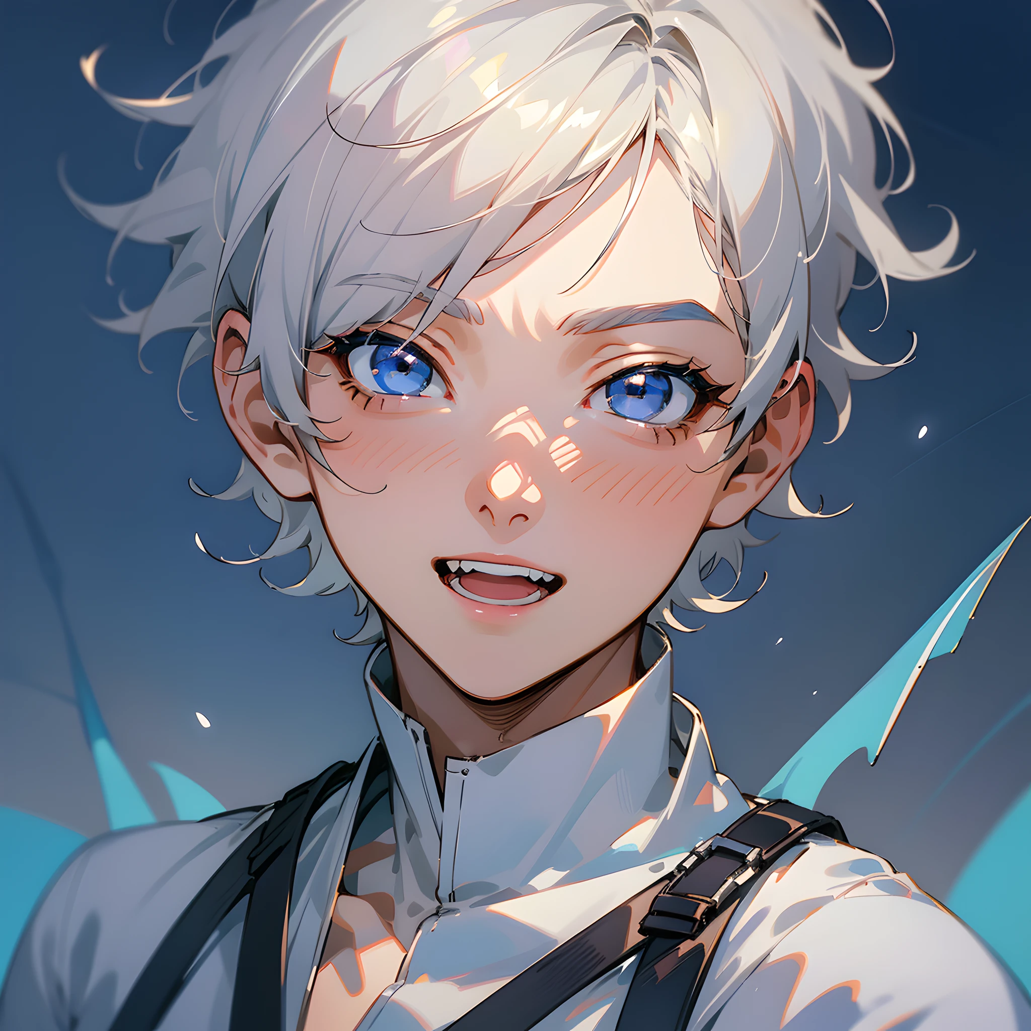 1 boy, short hair, silver-white hair, (black eyes: 1.5), (pure blue background: 1.5), warm tones, warm light, healing series, (best quality, masterpiece, 8K), white clothes, squinting, laughing, happy, (upper body close-up: 1.5), anime style, wallpaper, avatar, --v6