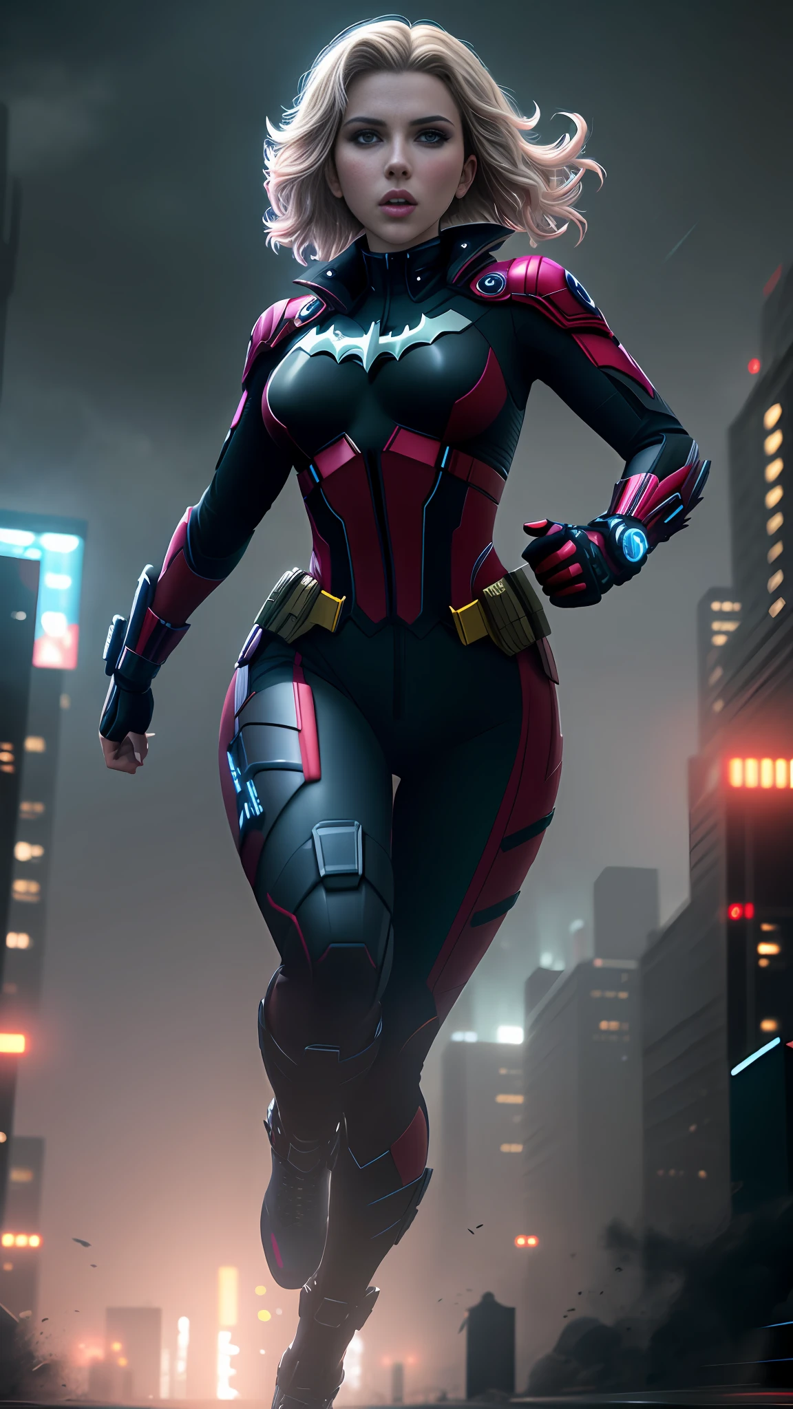 Scarlett Johansson batman, running, in the background a city, lightning in the sky, ultra details, ultra realistic, cinematic, octane render, 16