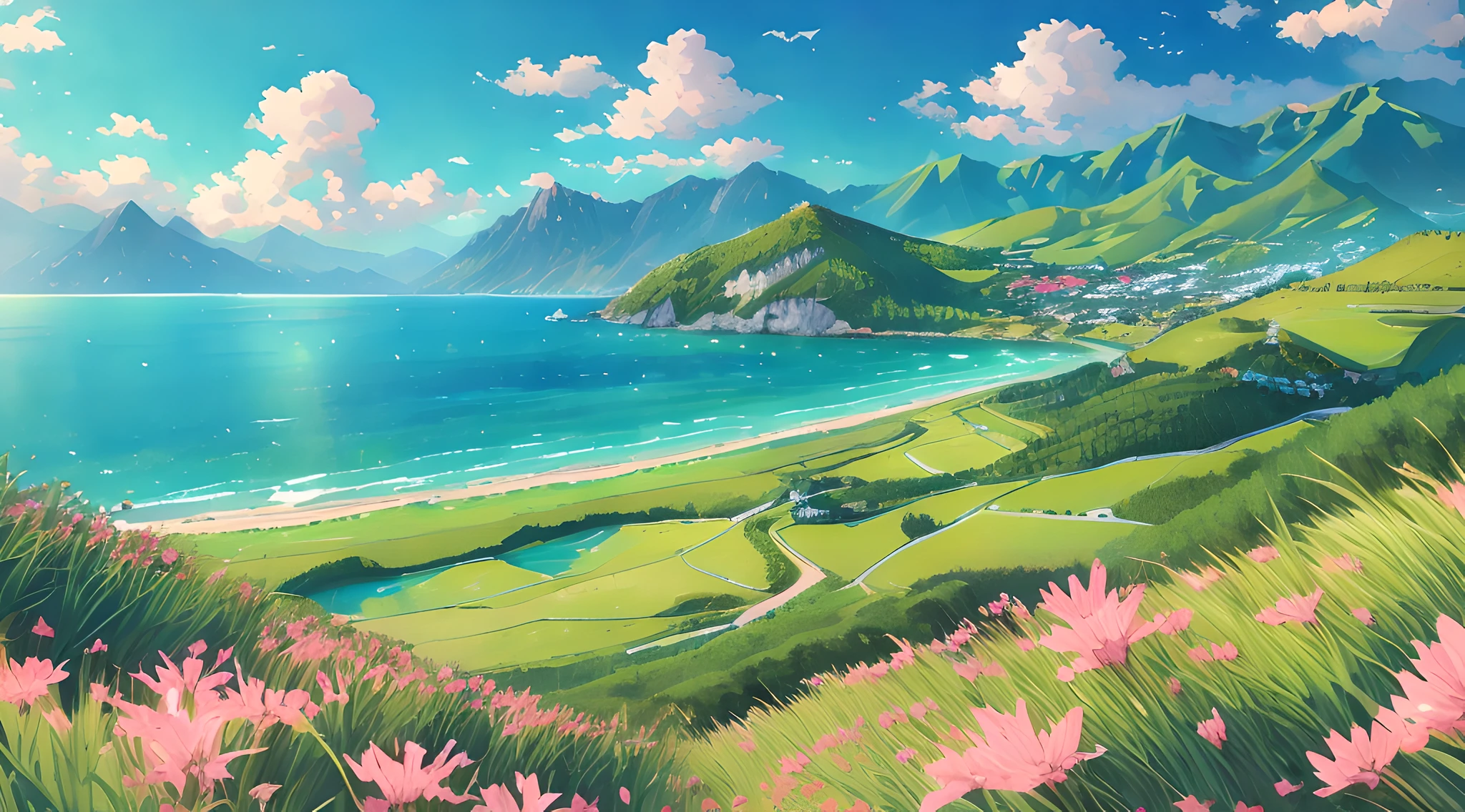 (Best quality),(masterpiece),(ultra detailed),(high detailed),(extremely detailed),anime scenery landscape by the sea, green grasslands, green mountains, pink mamoa, beautiful mountains in the background, anime style