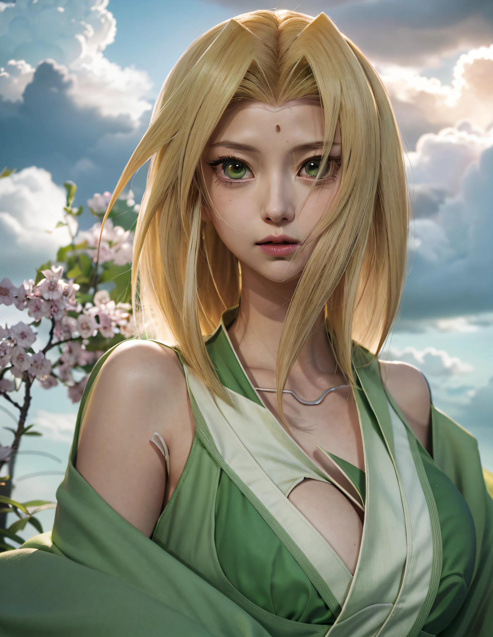 anime girl with blonde hair and green dress in front of a cloudy sky, tsunade from naruto, haruno sakura, sakura haruno, sakura haruno in slug sage mode, inspired by Kusumi Morikage, from naruto, female anime character, kunoichi, inspired by Sakai Hōitsu, itatchi uchiha, as an anime character