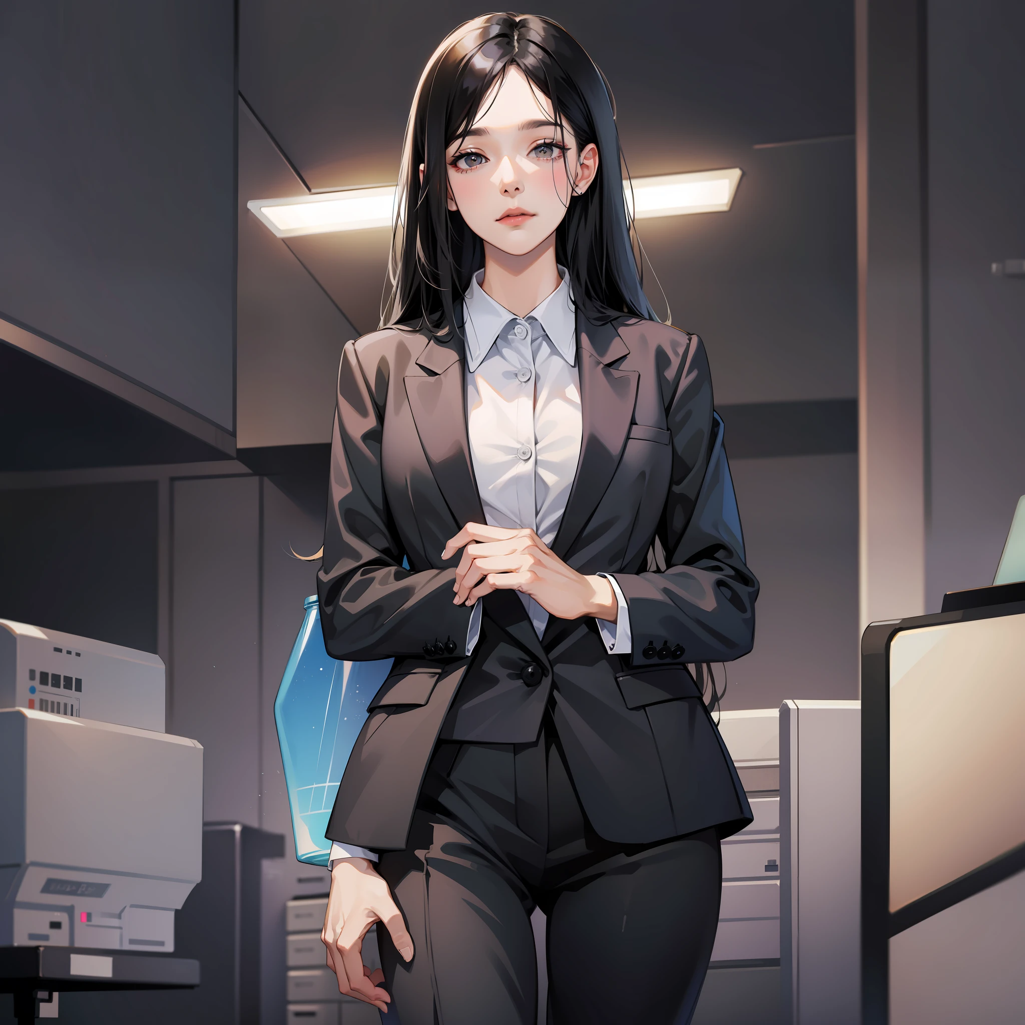 Female, long black hair, suit, office background