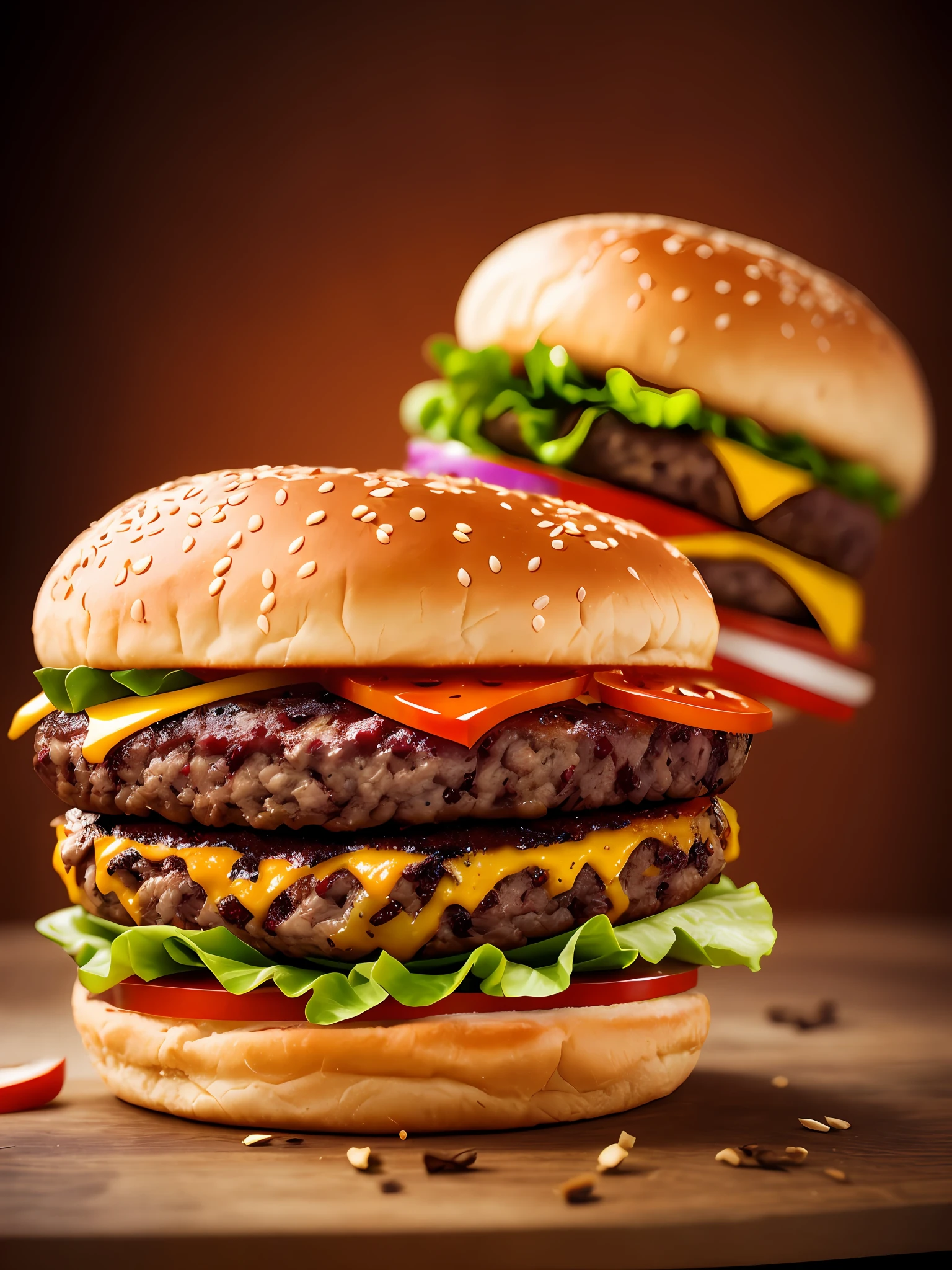 A burger falling in pieces juicy, tasty, hot, promotional photo, intricate details, hdr, cinematic, adobe lightroom, highly detailed
