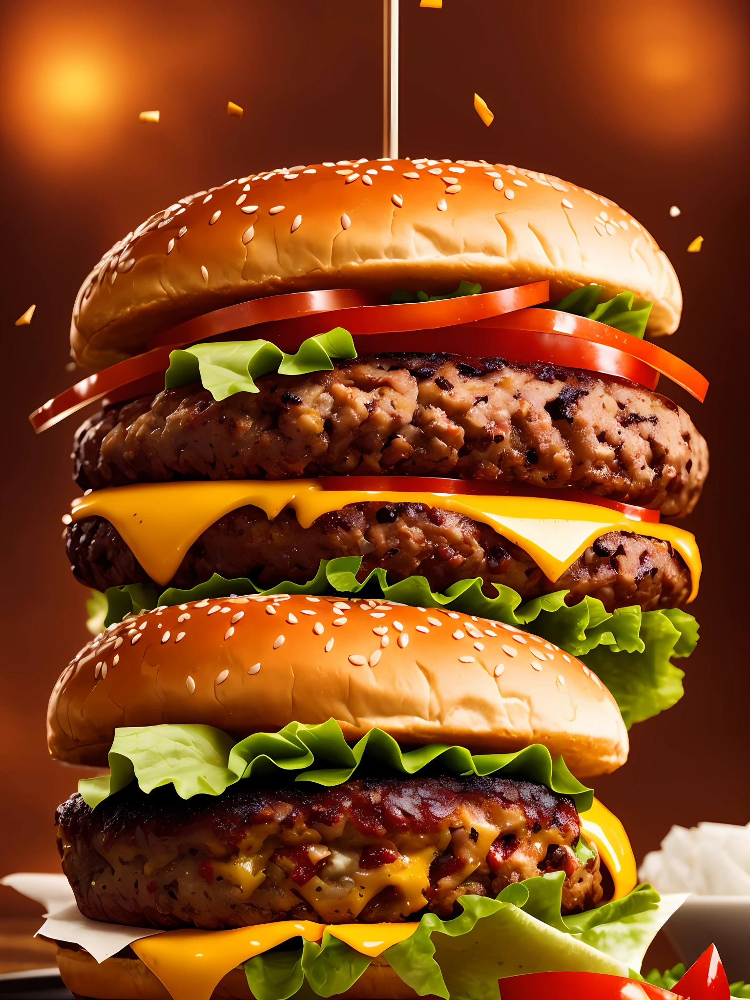 A burger falling in pieces juicy, tasty, hot, promotional photo, intricate details, hdr, cinematic, adobe lightroom, highly detailed