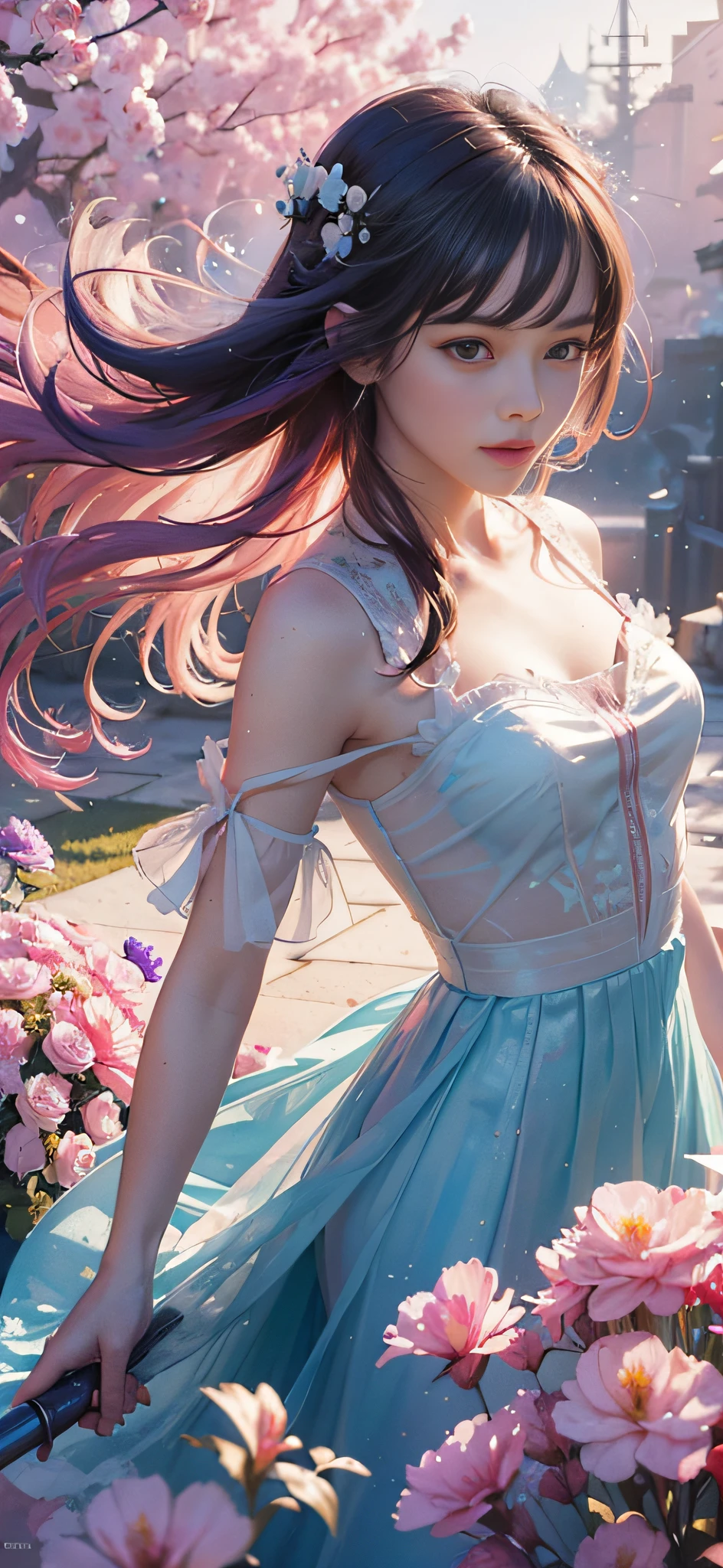 add_detail:2,1girl,detailed face,princess,taoist),flower, Lisianthus ,in the style of light pink and light azure, dreamy and romantic compositions, pale pink, ethereal foliage, playful arrangements,fantasy, high contrast, ink strokes, explosions, over exposure, purple and red tone impression , abstract, ((watercolor painting by John Berkey and Jeremy Mann )) brush strokes, negative space