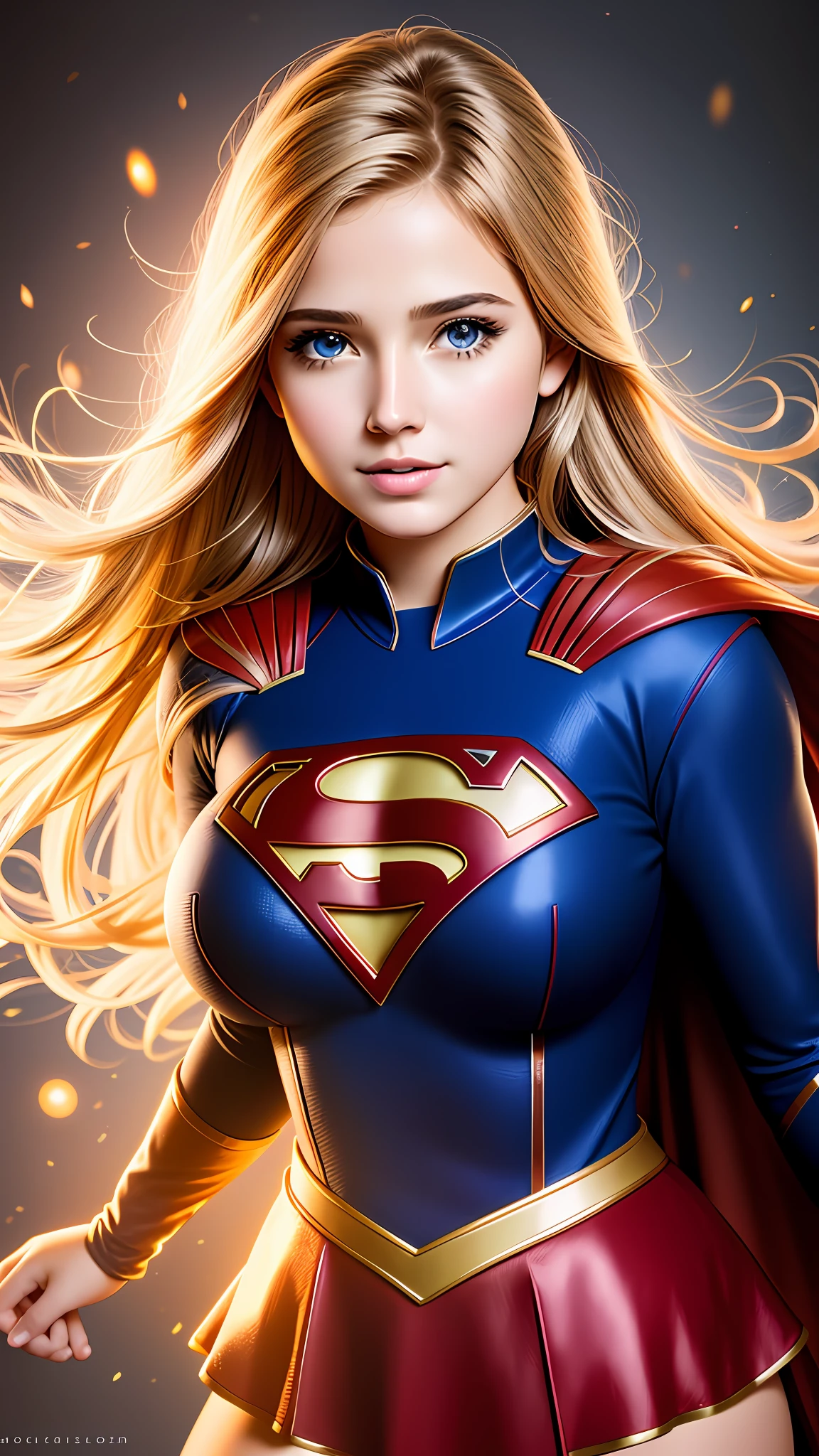 photo portrait of  the Supergirl, colorful, realistic round eyes, dreamy magical atmosphere, superheroine costume,  (large breasts:1.3),