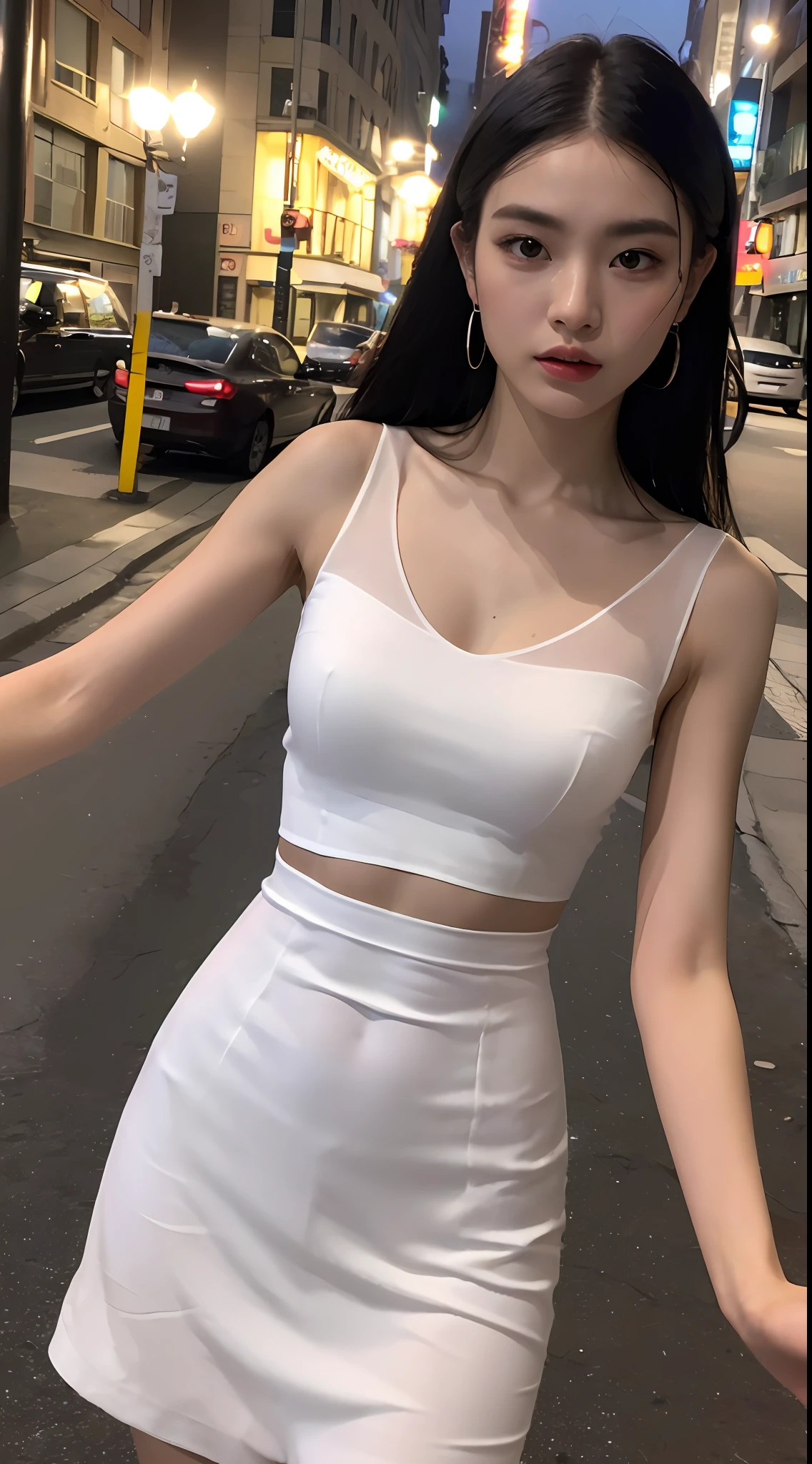 ((Realistic lighting, top quality, 8K, Masterpiece: 1.3)), Focus: 1.2, 1 girl, Perfect figure: 1.4, Slim abs: 1.1, ((Black hair)), (See-through white dress: 1.4), (Outdoor, Night: 1.1), City street, Ultra fine face, Narrow eyes, double eyelids,