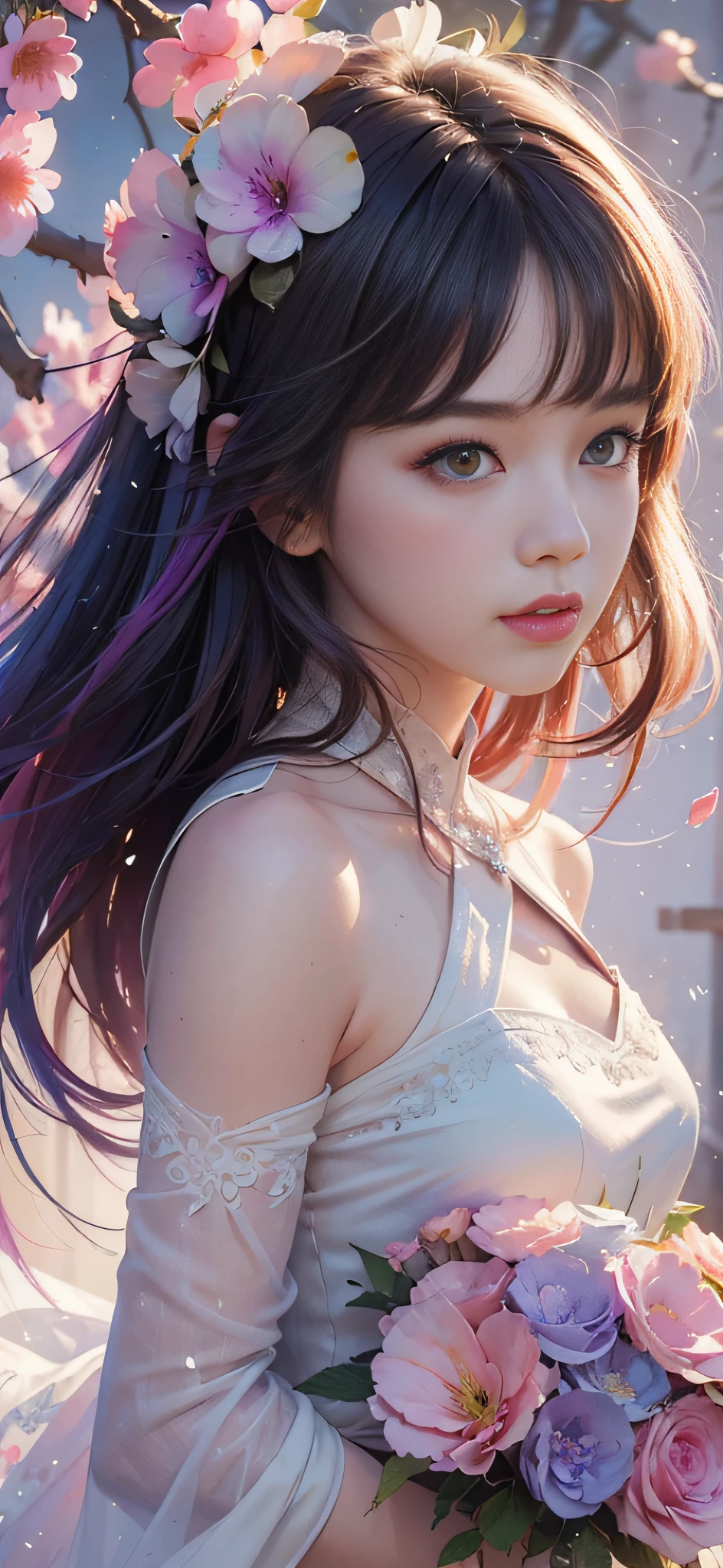 add_detail:2,1girl,detailed face,princess,taoist),flower, Lisianthus ,in the style of light pink and light azure, dreamy and romantic compositions, pale pink, ethereal foliage, playful arrangements,fantasy, high contrast, ink strokes, explosions, over exposure, purple and red tone impression , abstract, ((watercolor painting by John Berkey and Jeremy Mann )) brush strokes, negative space