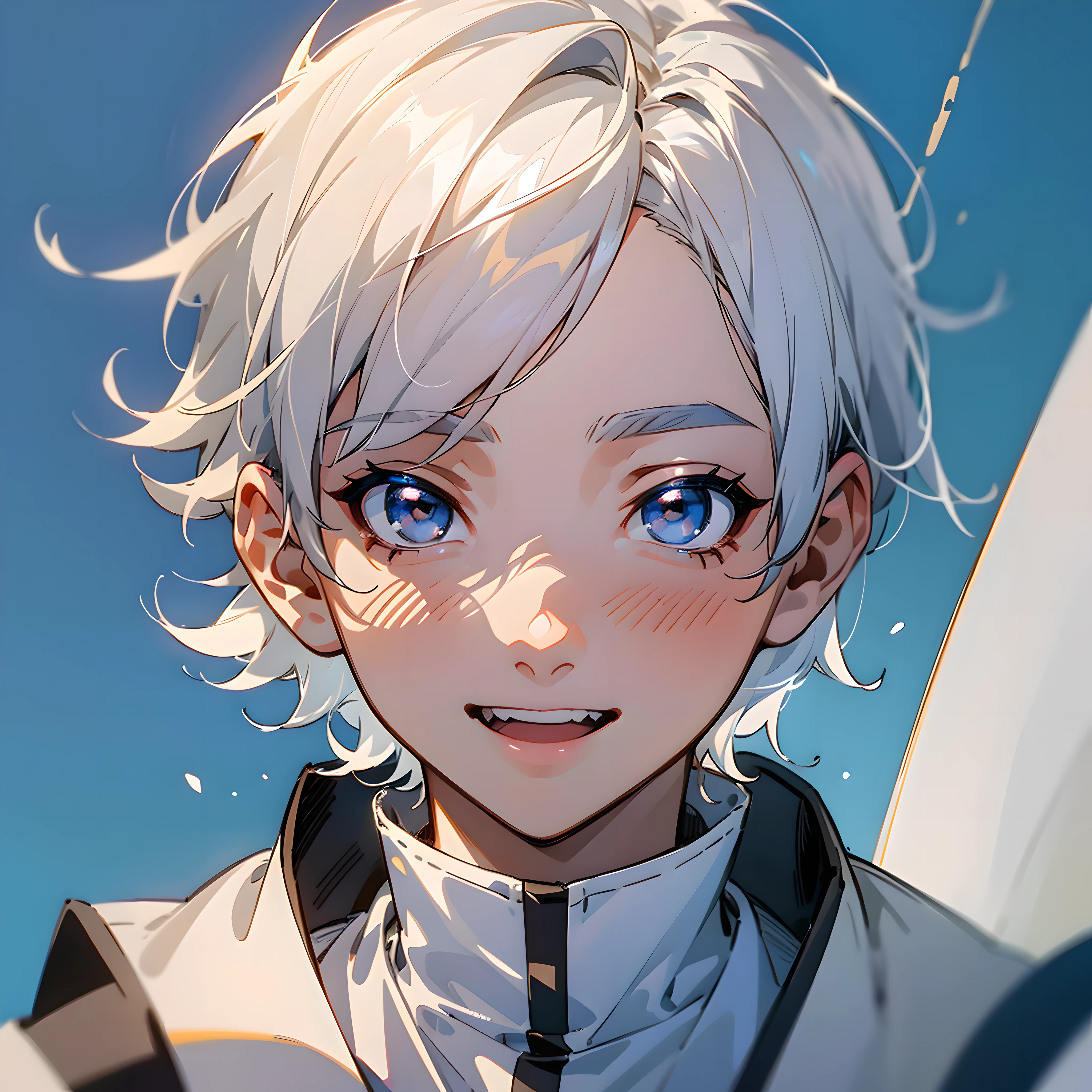 1 boy, short hair, silver-white hair, (black eyes: 1.5), (pure blue background: 1.5), warm tones, warm light, healing series, (best quality, masterpiece, 8K), white clothes, squinting, laughing, happy, (upper body close-up: 1.5), anime style, wallpaper, avatar, --v6