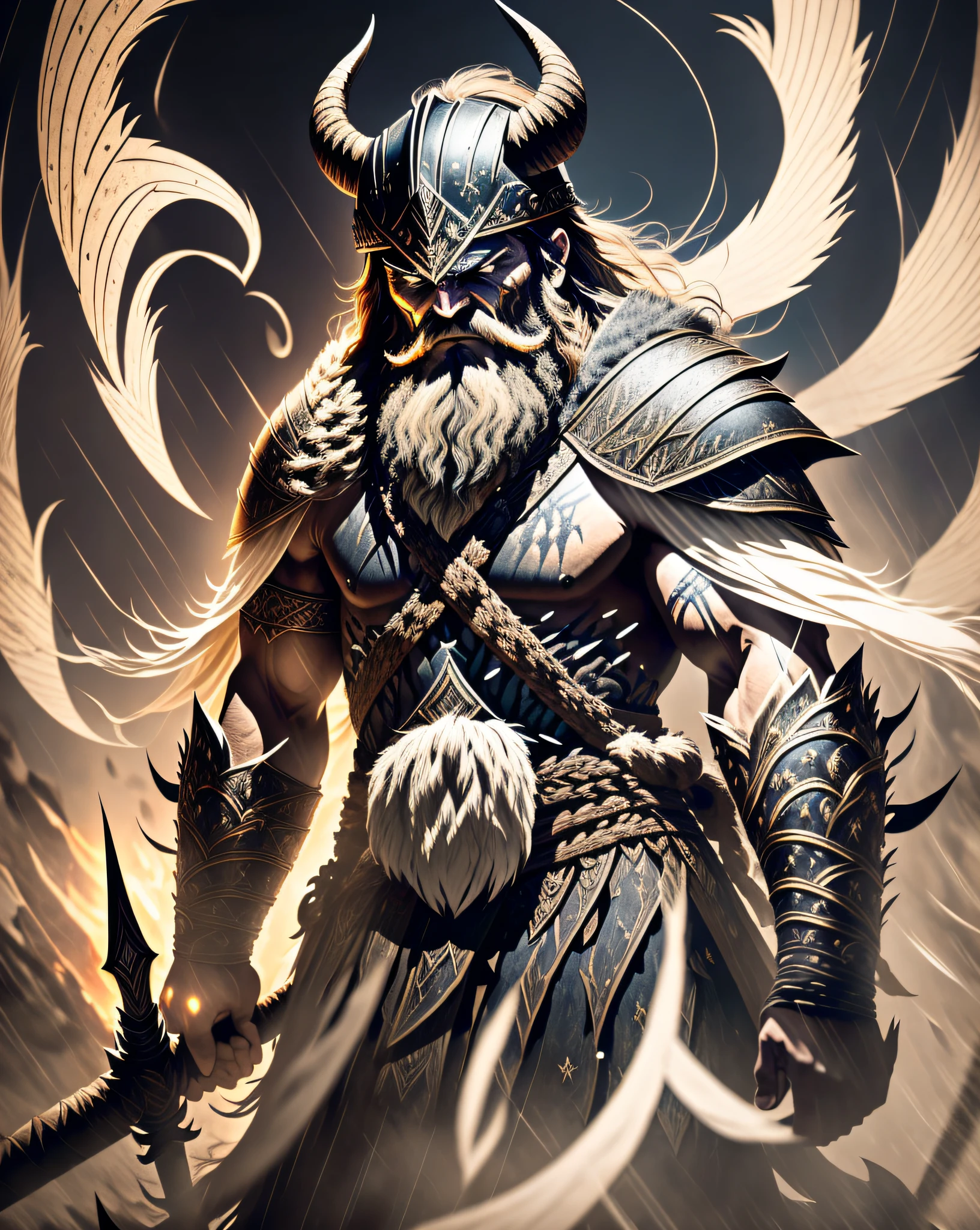 A close-up view of a fierce Viking warrior standing tall, his eyes glowing with an otherworldly light. He wears a horned helmet and sports a wild beard. His face is contorted in anger, revealing a glimpse of his battle-hardened nature. The image captures every intricate detail of his weathered skin and the intense fire burning within him. The background is shrouded in darkness, with swirling inky wisps encircling the warrior, symbolizing the mystical powers that surround him. The scene exudes a mythic aura, evoking the ancient tales of valor and conquest. Photography, telephoto lens (200mm)