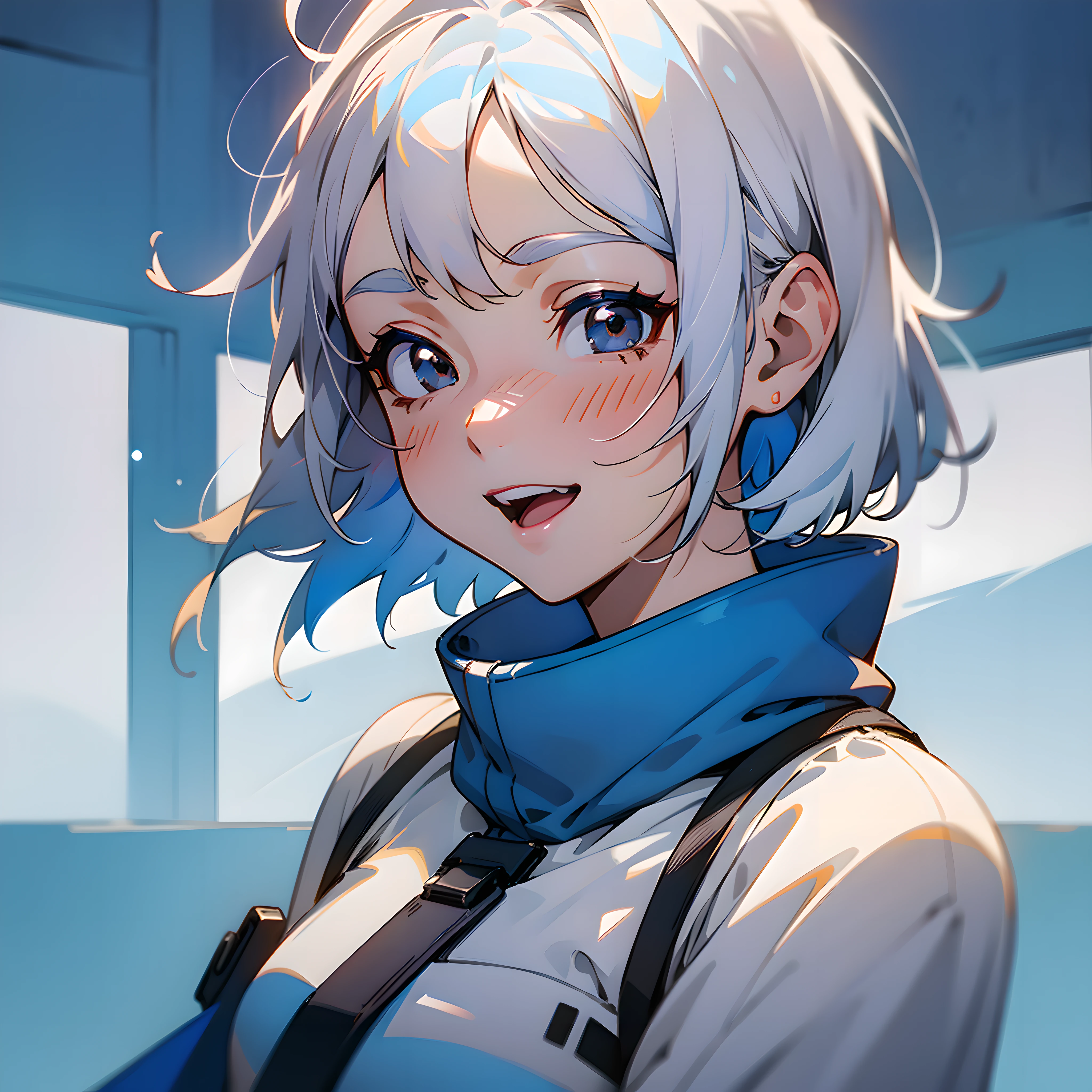 1 girl, short hair, silver white hair, (black eyes: 1.5), (pure blue background: 1.5), warm colors, warm light, healing series, (best quality, masterpiece, 8K), white clothes, squinting, laughing, happy, (upper body close-up: 1.5), anime style, wallpaper, avatar, --v6