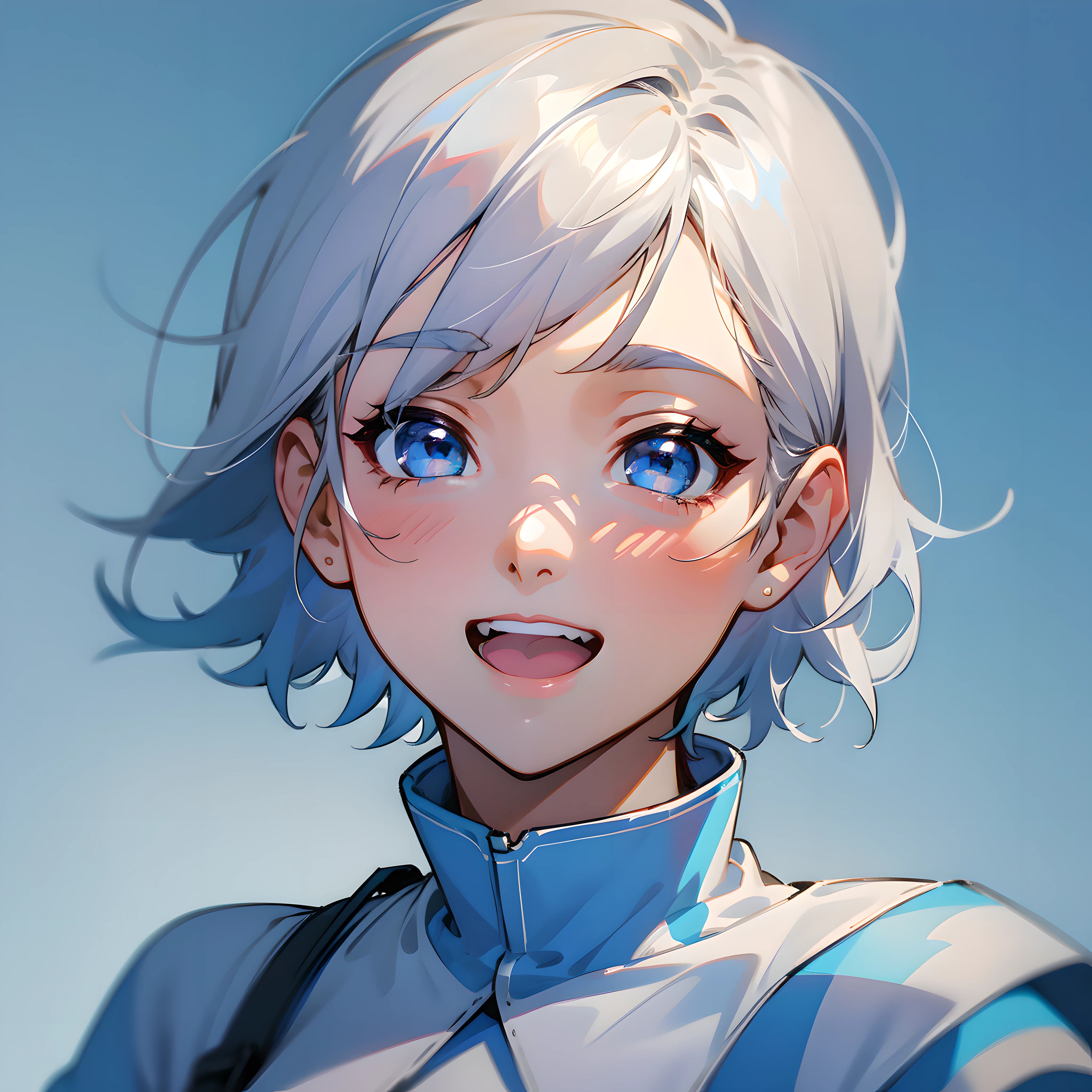 1 girl, short hair, silver white hair, black eyes, sky blue solid background, pure blue background, dark blue background, warm tone, warm light, healing line, (best quality, masterpiece, 8K), white t-shirt, laugh, laugh happily, upper body close-up, anime style, wallpaper, avatar, head close-up --v6