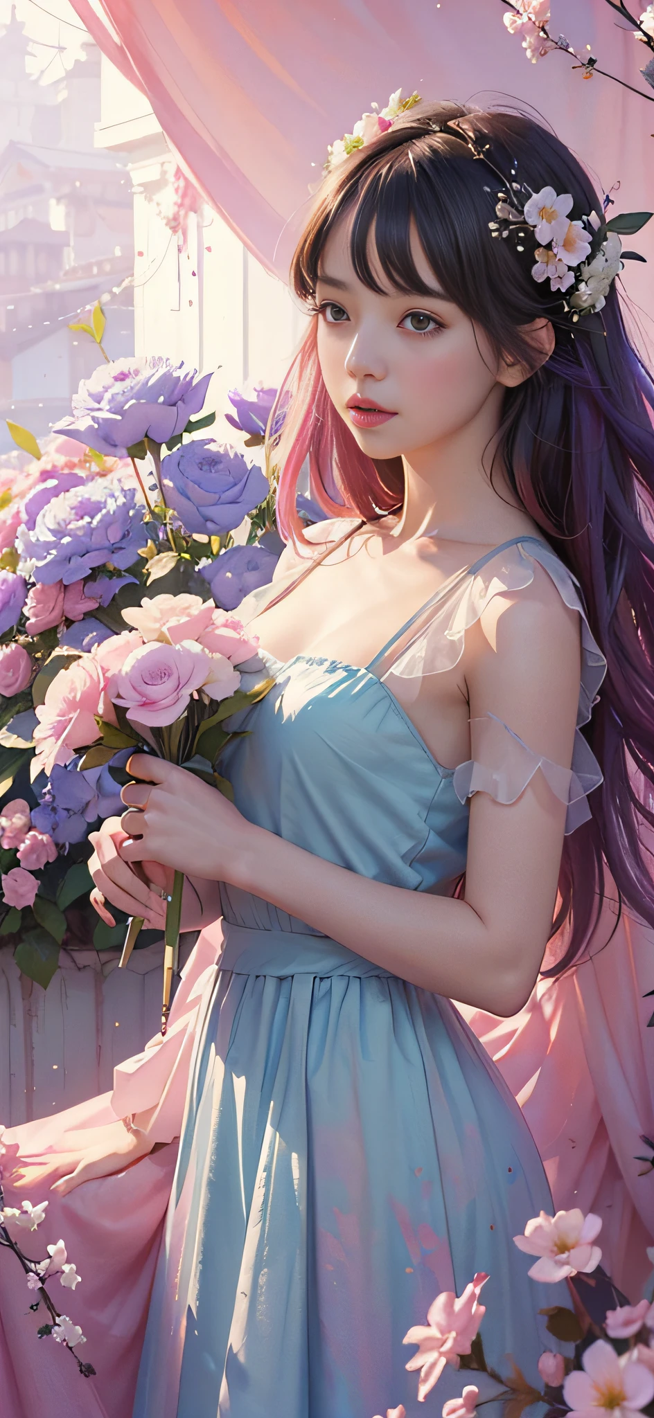 add_detail:2,1girl,detailed face,princess,taoist),flower, Lisianthus ,in the style of light pink and light azure, dreamy and romantic compositions, pale pink, ethereal foliage, playful arrangements,fantasy, high contrast, ink strokes, explosions, over exposure, purple and red tone impression , abstract, ((watercolor painting by John Berkey and Jeremy Mann )) brush strokes, negative space