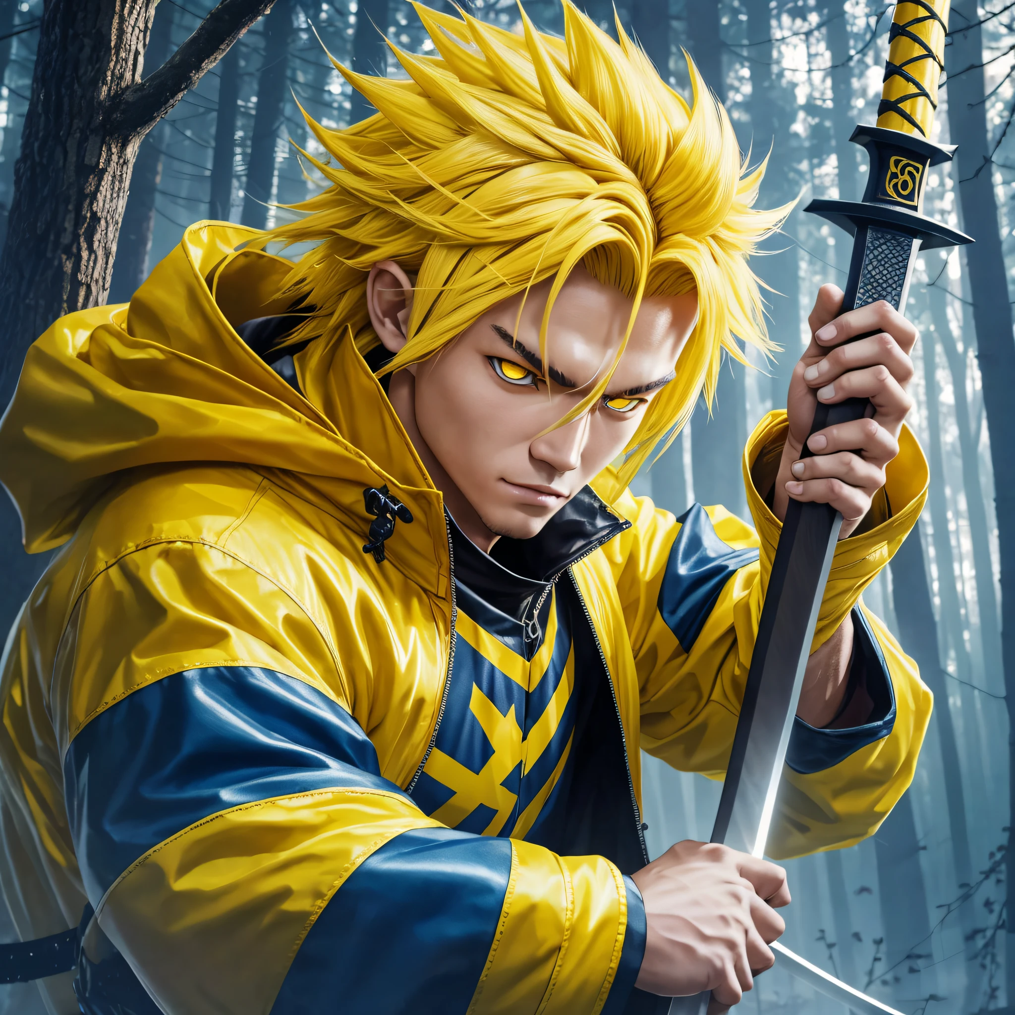 zenitsu(demon slayer) in real life with yellow jacket , hair(as described in demon slayer), holding sword with thunder from eyes,super realistic,elegant with thunder from eyes, background is a forest, yellow jacket , 8k, --auto --s2