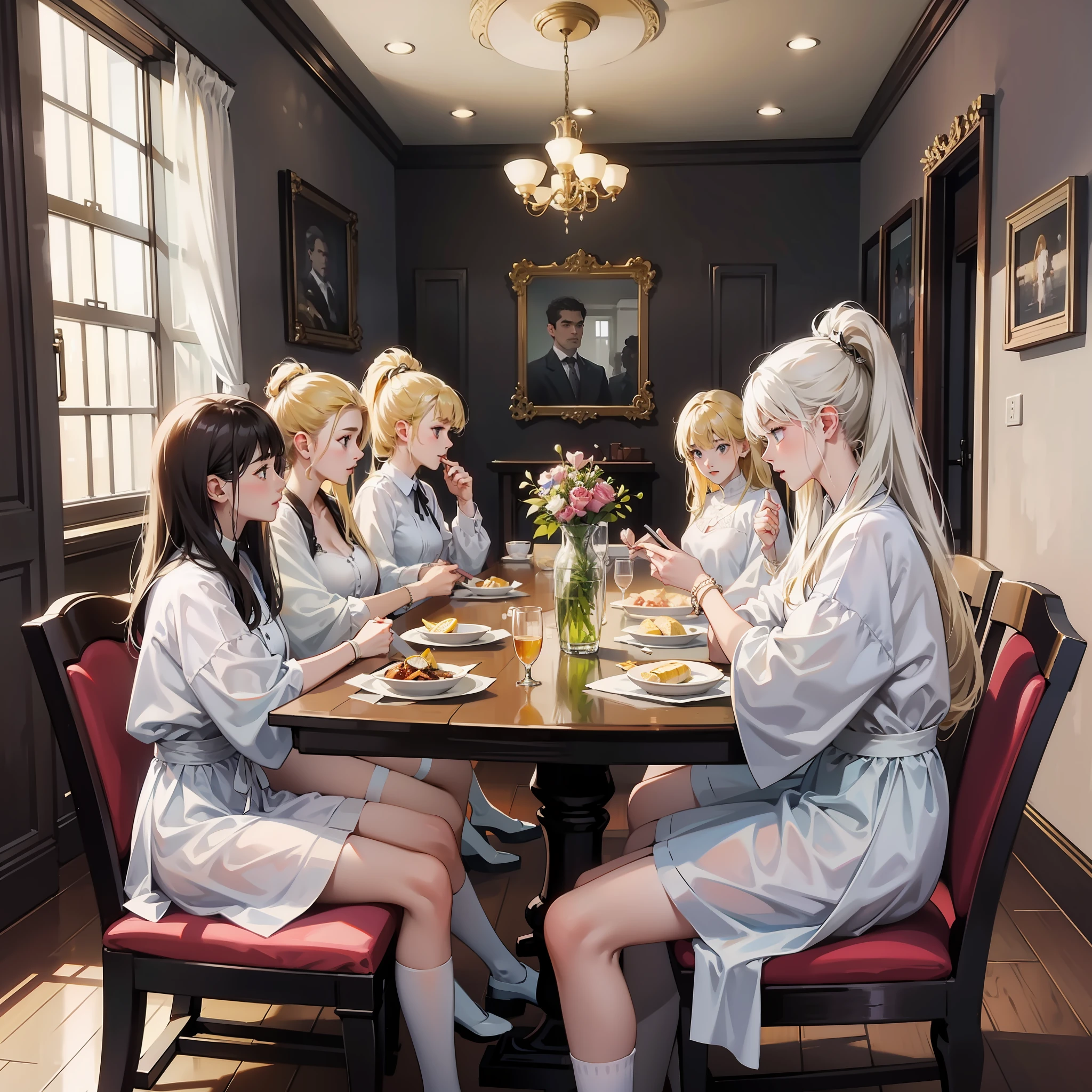 Nine girls, around the dining table, white and beautiful