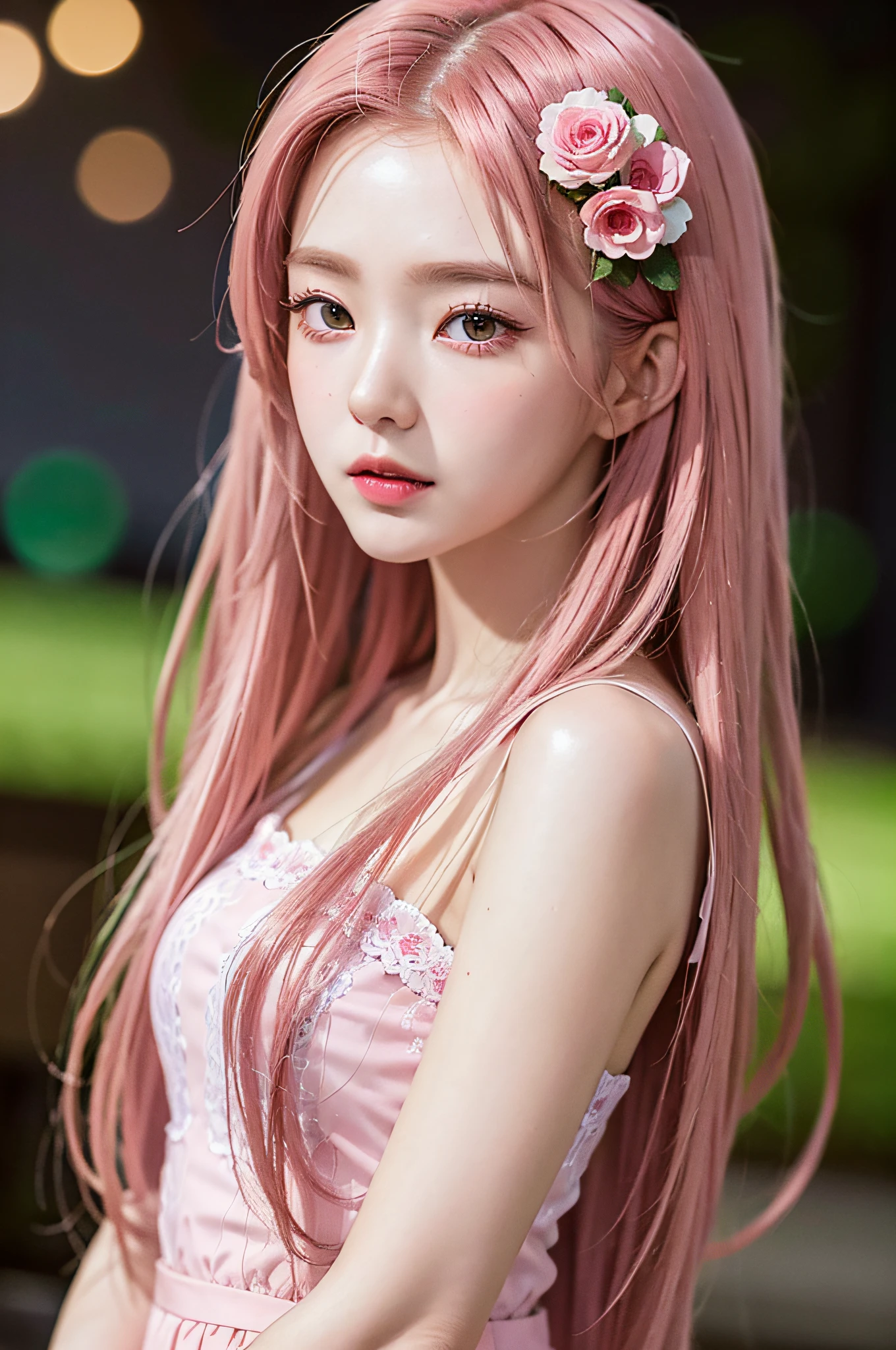 ((very detailed CG)), ((8k)), beautiful maiden, flowers, suit, forest, city night scene, a girl, beautiful face, long pink hair