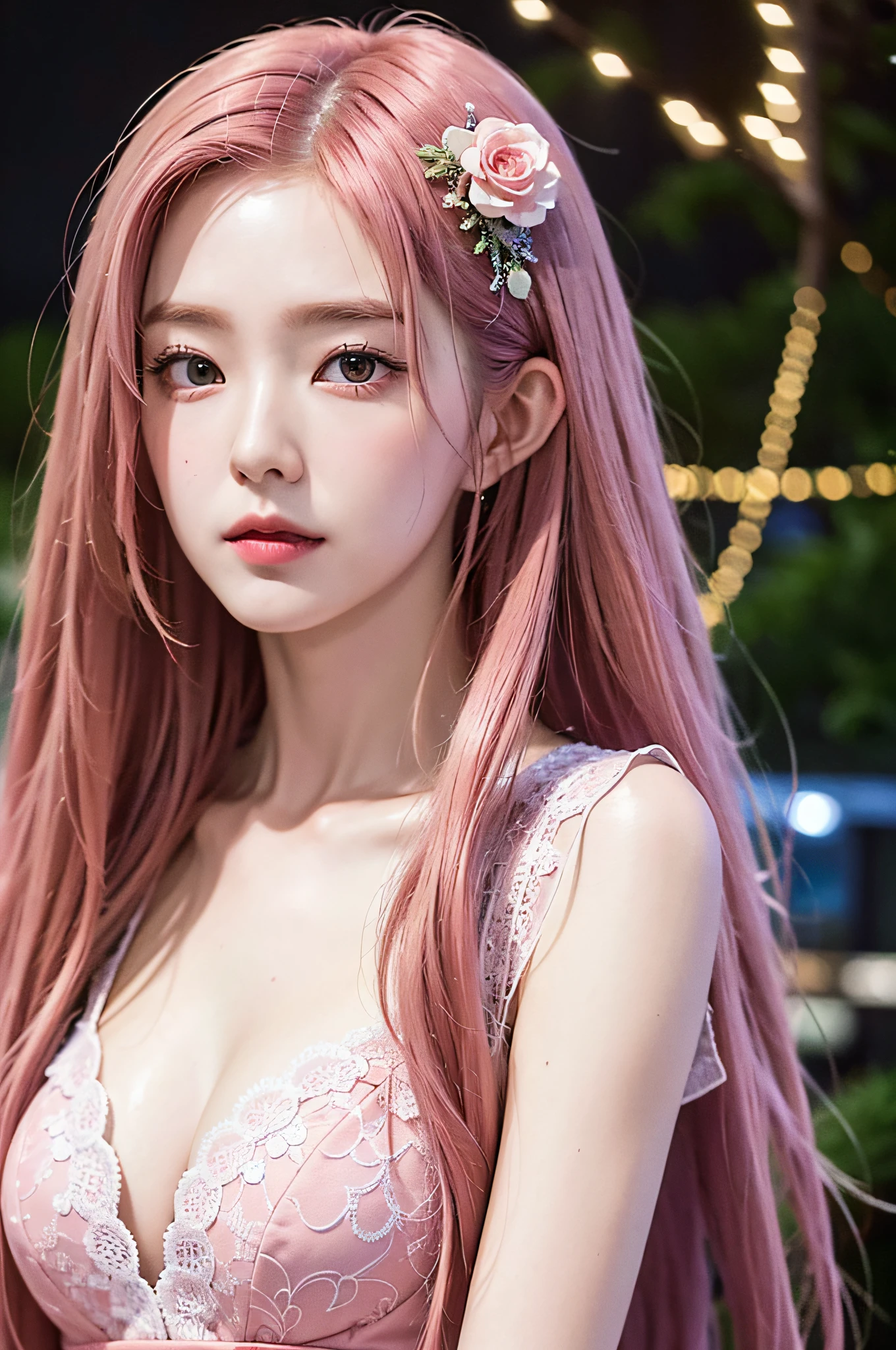 ((very detailed CG)), ((8k)), beautiful maiden, flowers, suit, forest, city night scene, a girl, beautiful face, long pink hair