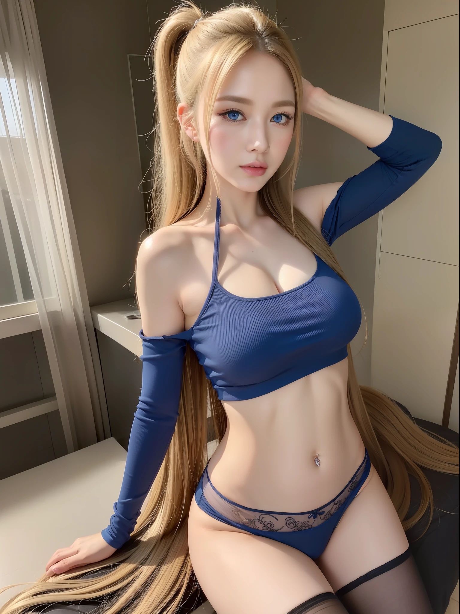 full body, young girl realistic, ((blue eyes)), ((panties and long T-shirt 1.5)), clear, ((shiny skin)), (black eyeliner), detailed facial features, ((wingz eyes)), looking_at_viewer, (sexy body 1.1), ((medium breasts)), blonde, high ponytail, detailed, masterpiece, high quality, realistic, very detailed face, 14k, (Pose)), (Seductive))