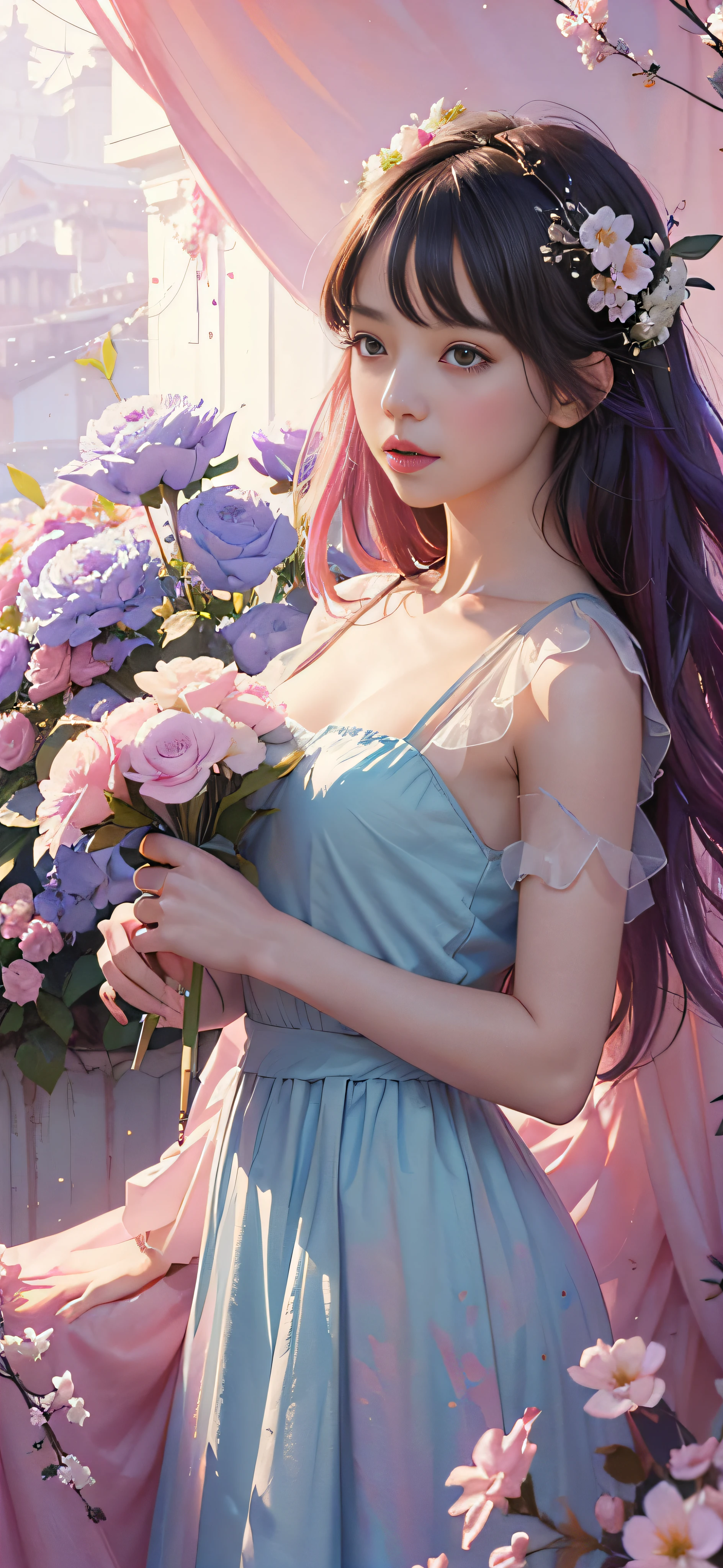 add_detail:2,1girl,detailed face,princess,taoist),flower, Lisianthus ,in the style of light pink and light azure, dreamy and romantic compositions, pale pink, ethereal foliage, playful arrangements,fantasy, high contrast, ink strokes, explosions, over exposure, purple and red tone impression , abstract, ((watercolor painting by John Berkey and Jeremy Mann )) brush strokes, negative space