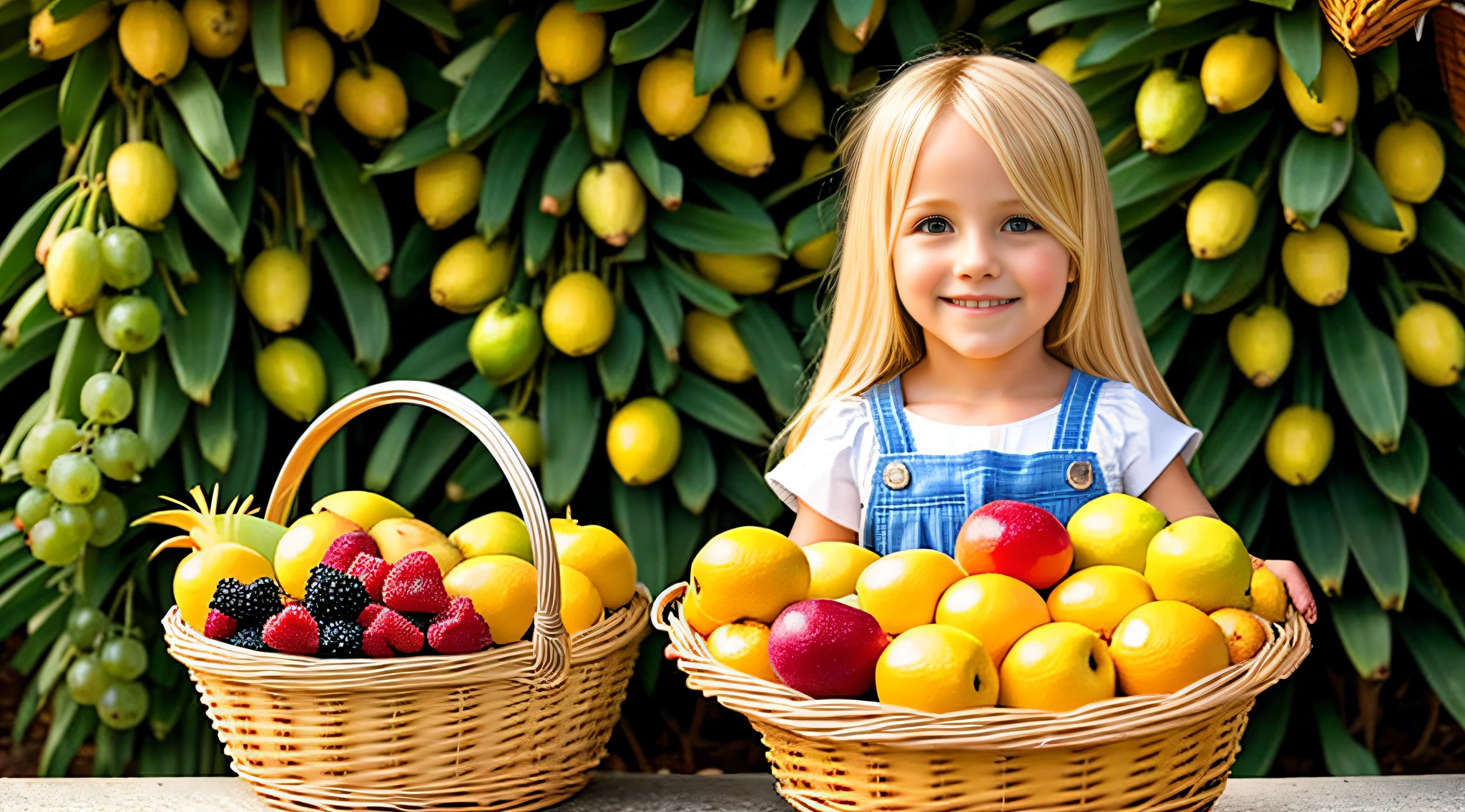 there is a BLONDE CHILD WITH BIG STRAIGHT HAIR, holding, a fruit basket with a pineapple, a fruit basket, fruit in a basket, fruit basket, fruit, fresh fruit, 2995599206, 3156350975, yolks and diamond for fruits, fruit bowl, fruits and flowers, (a bowl of fruits)!!!!!!!