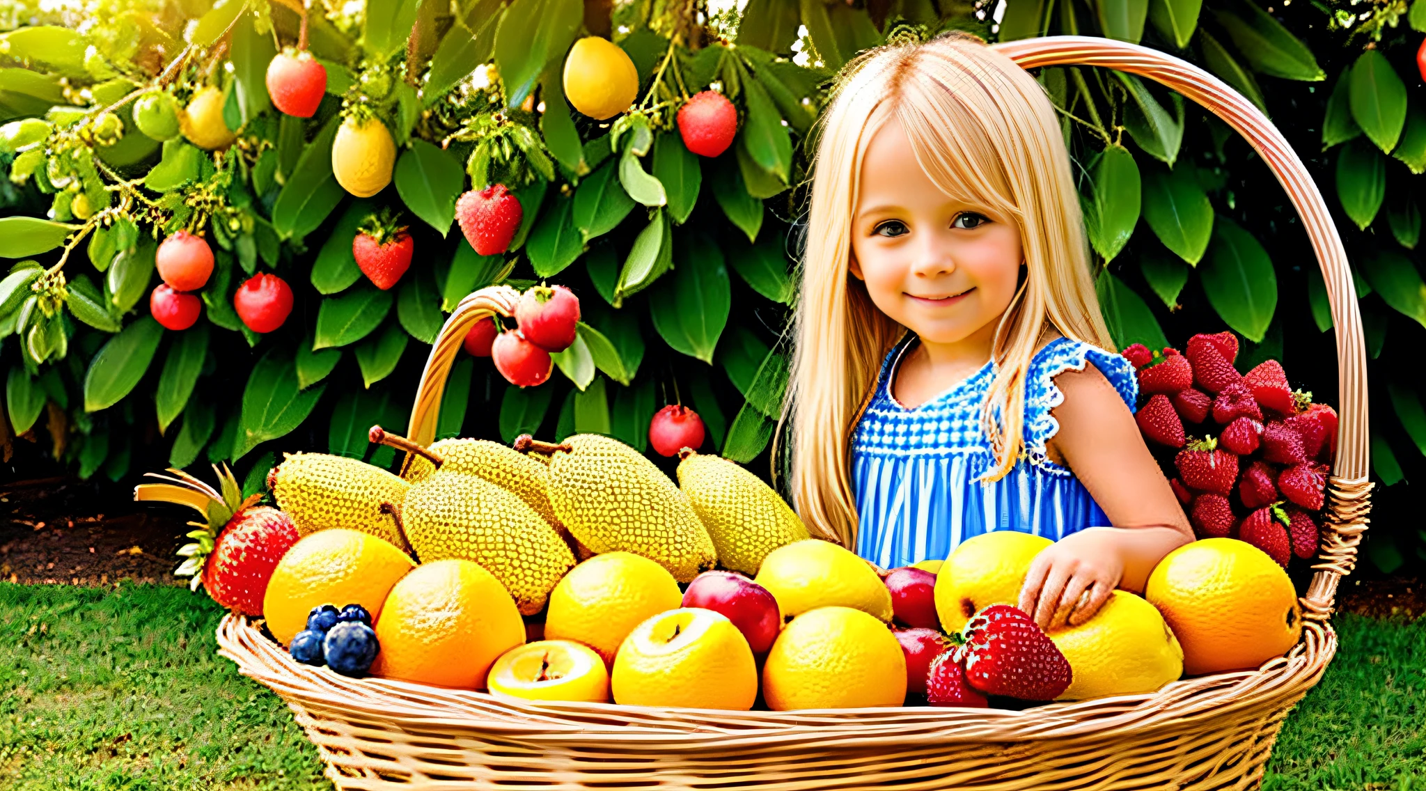 there is a BLONDE CHILD WITH BIG STRAIGHT HAIR, holding, a fruit basket with a pineapple, a fruit basket, fruit in a basket, fruit basket, fruit, fresh fruit, 2995599206, 3156350975, yolks and diamond for fruits, fruit bowl, fruits and flowers, (a bowl of fruits)!!!!!!!