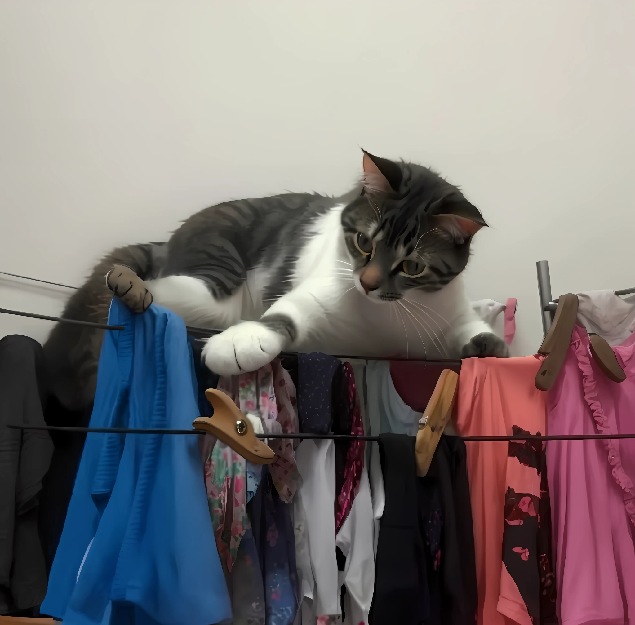 There is a cat that is sitting on a coat rack, hanging laundry, messy clothes, mischievous!, his clothes are torn and dirty, doing an elegant pose, dirty clothes, touching his clothes, doing a cheeky pose, posing!, clothes totally attached, a beautiful, lurking, Elvira in tattered clothes, platters!, on a laundry mat, masterpiece, 4k, colorful cat, vibrant colors, wtrcolor style,
