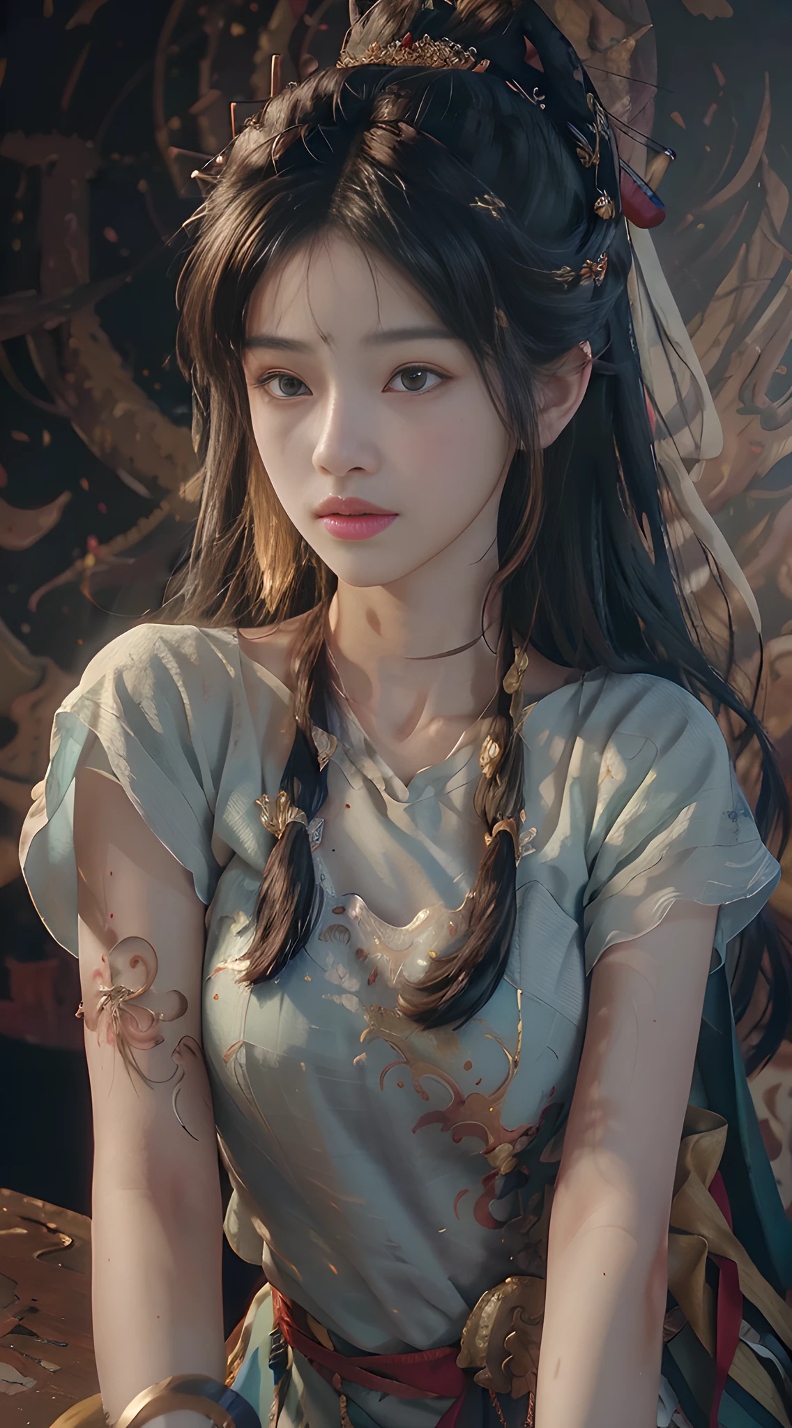 (RAW photo, best quality), (realistic, photo-realistic:1.3),best quality,highly detailed,masterpiece,ultra-detailed,illustration,1girl,upper_body,dynamic angle,world masterpiece theater,messy_long_hair,best quality,extremely detailed CG unity 8k wallpaper,ink,Amazing,cinematic lighting,lens_flare, dunhuang_style