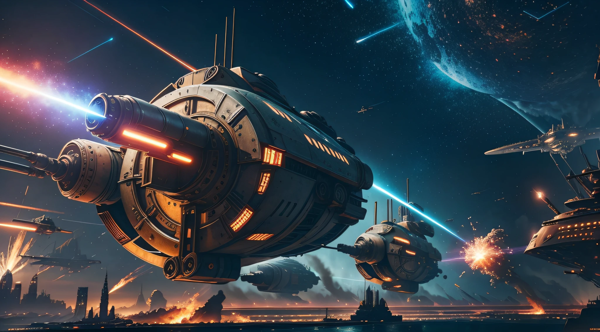 steampunk style, cool tones, cinematic effects, motion photography, time-lapse, Fuji, long exposure, sci-fi style starships, flying starships in battle, flying missiles, tail erupting blue flames, mood lights, surreal sci-fi city in the background, red particle special effects, particle light, aesthetics, 8K, top painting, concept art, epic composition, with HD details, metallic texture and tension composition, hyperrealism, ultra-realistic, rich in detail, 3D