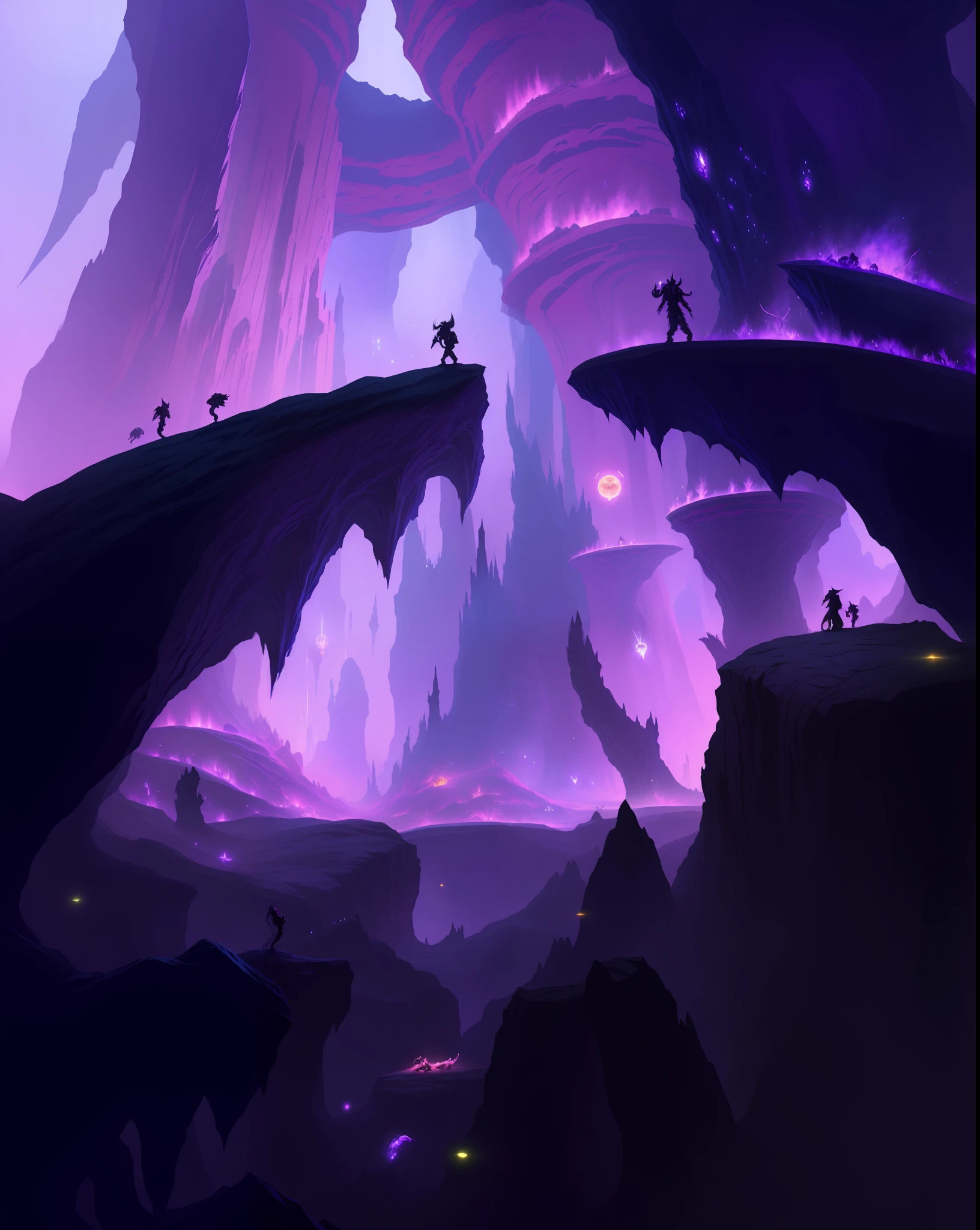 Purple and black digital paintings of dragons and people, fabulous giant space caves, concept art! , Matte Science Fiction Fantasy Painting, Video Game Concept Art, Digital Fantasy Painting, Fantasy Digital Painting, Fantasy Concept Painting, Painting for Game Concept Art, Indie Game Concept Art, Concept Painting, Cave Exploration, Fantastic Fantasy 2 D Concept Art, Concept Art Scene Bronze Awakening, Migration of Elephants