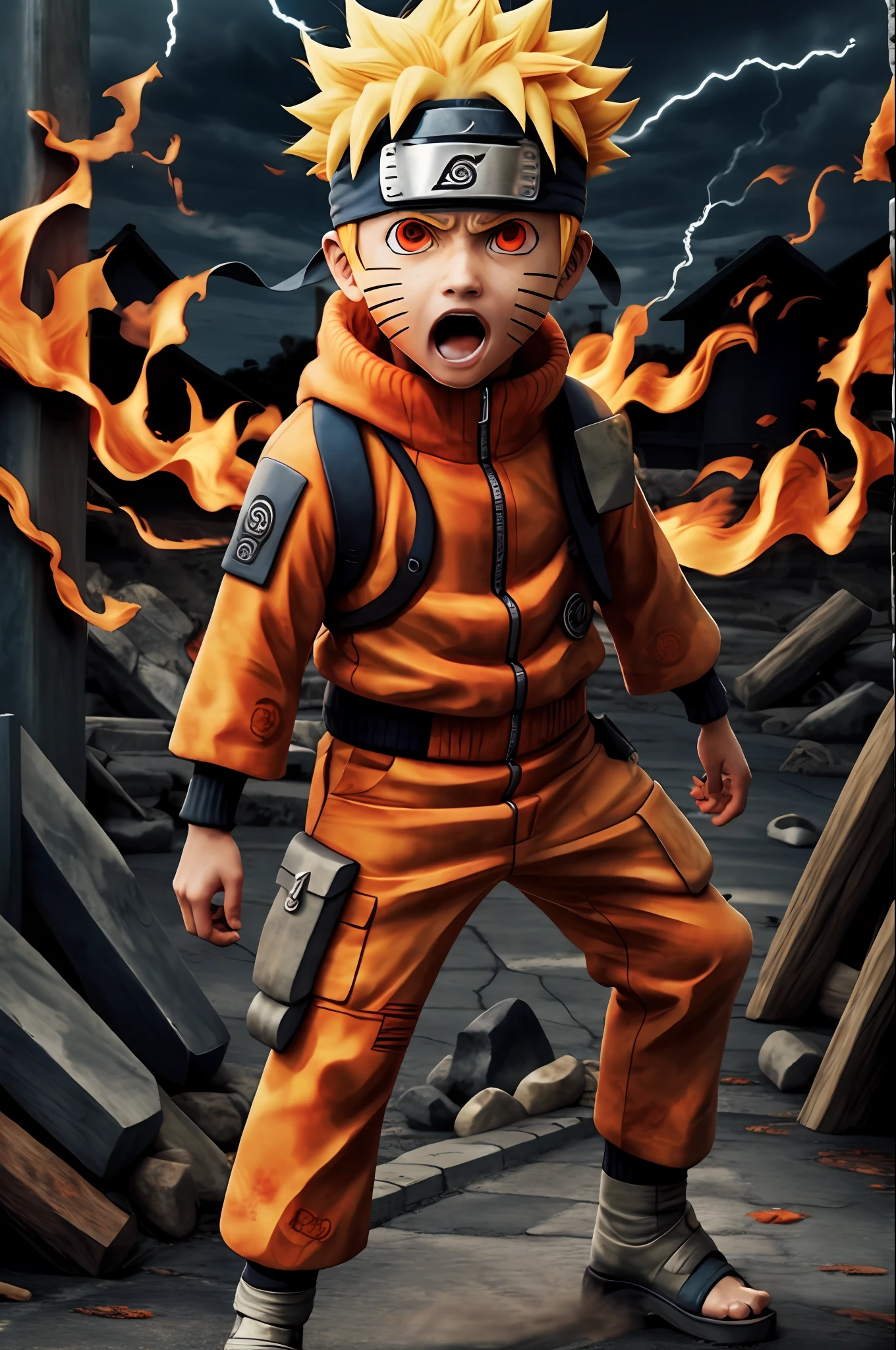 Naruto,1boy, lightning, angry, open mouth,nearly naked coat, fire red eyes, flamingEye