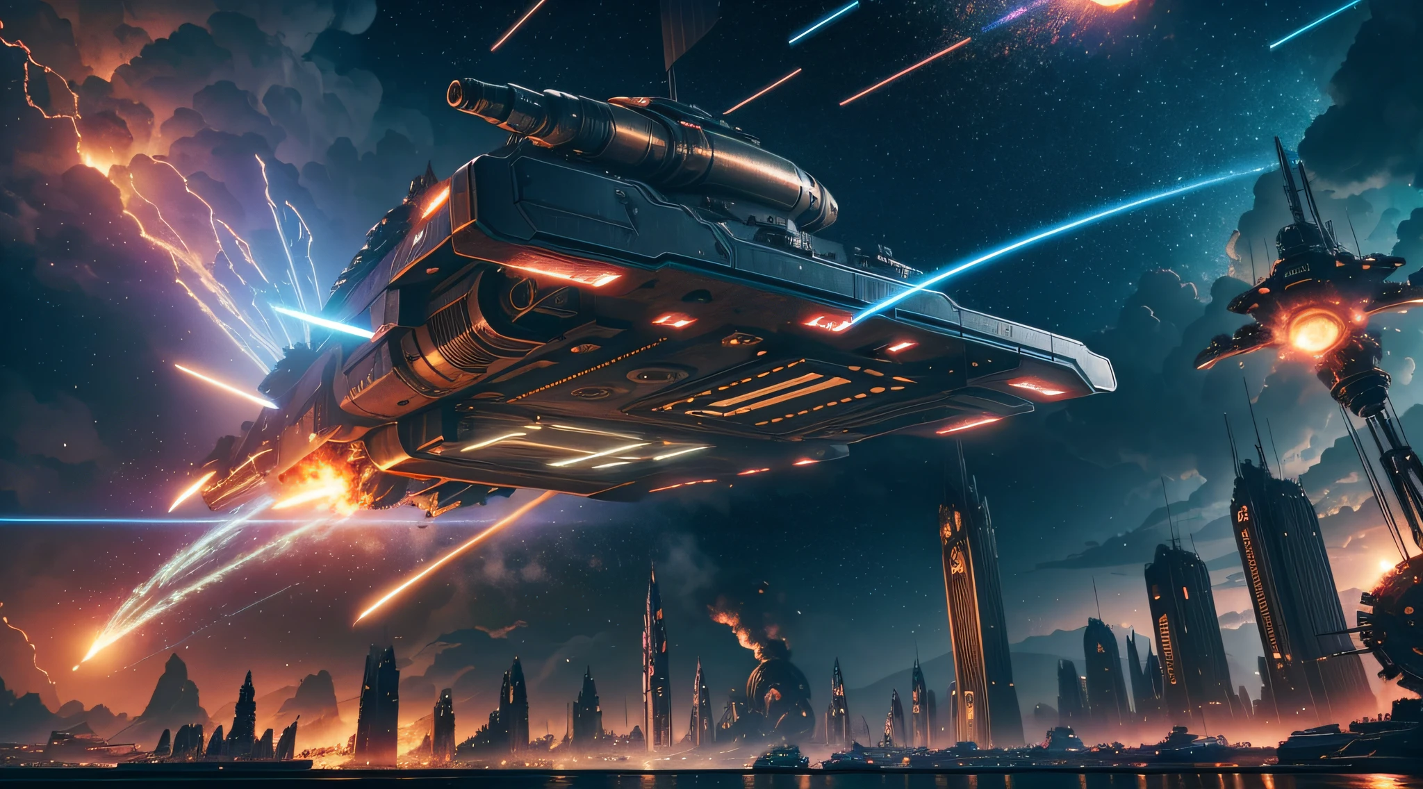 steampunk style, cool tones, cinematic effects, motion photography, time-lapse, Fuji, long exposure, sci-fi style starships, flying starships in battle, flying missiles, tail erupting blue flames, mood lights, surreal sci-fi city in the background, red particle special effects, particle light, aesthetics, 8K, top painting, concept art, epic composition, with HD details, metallic texture and tension composition, hyperrealism, ultra-realistic, rich in detail, 3D