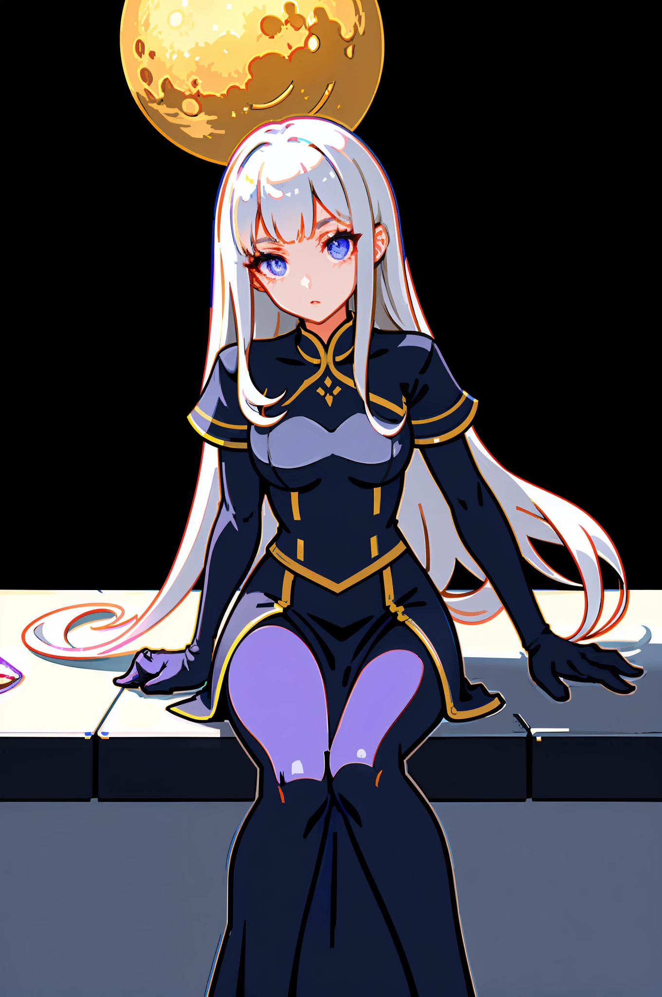 High resolution, highest quality, illustration, cinematic light, ultra-detailed face, (detailed eyes), best quality, ultra-detailed, masterpiece, (detailed face), 1girl, girl, white hair, purple eyes, highest detail, glowing eyes, medium breathing, sitting on the bed, sitting, bed, window, night sky, lake outside, moon, full moon, backlight, light, (high contrast), (color),
