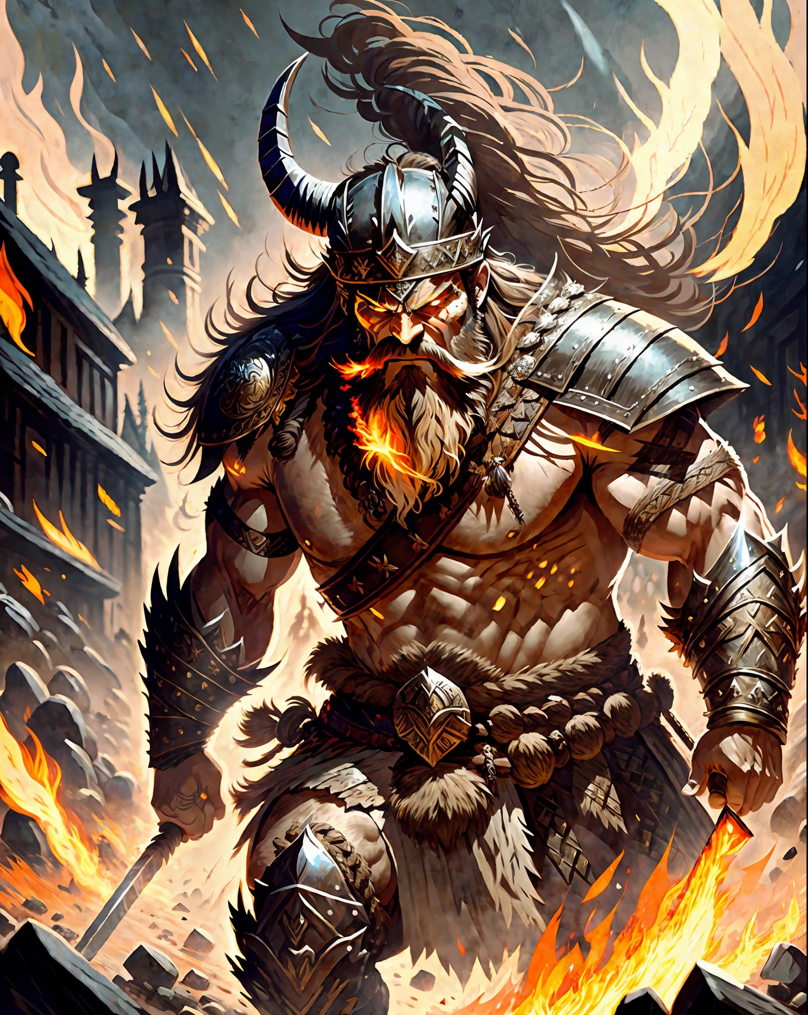 A close-up view of a fierce Viking warrior standing tall, his eyes glowing with an otherworldly light. He wears a horned helmet and sports a wild beard. His face is contorted in anger, revealing a glimpse of his battle-hardened nature. The image captures every intricate detail of his weathered skin and the intense fire burning within him. The background is shrouded in darkness, with swirling inky wisps encircling the warrior, symbolizing the mystical powers that surround him. The scene exudes a mythic aura, evoking the ancient tales of valor and conquest. Photography, telephoto lens (200mm)