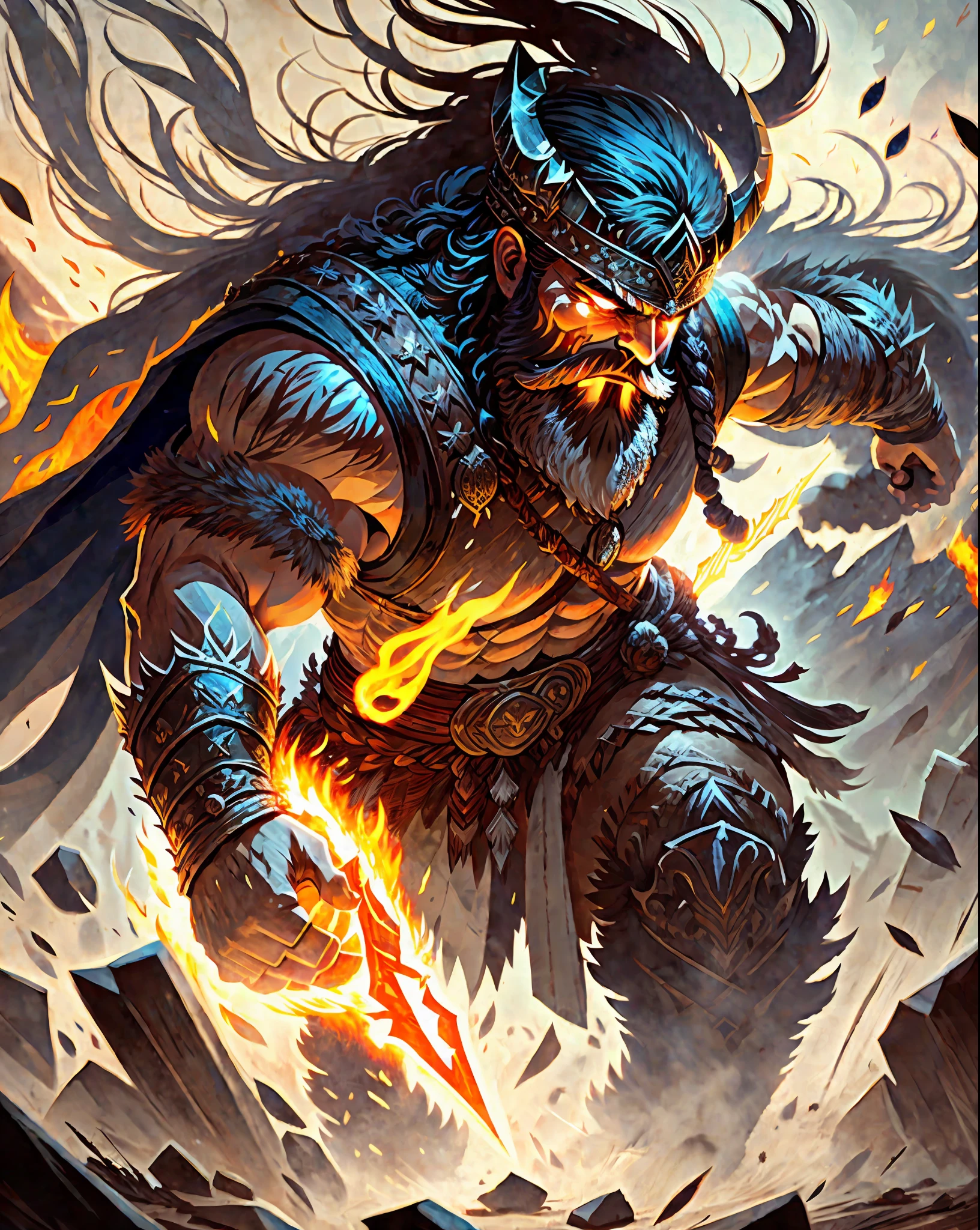 A close-up view of a fierce Viking warrior standing tall, his eyes glowing with an otherworldly light. He wears a horned helmet and sports a wild beard. His face is contorted in anger, revealing a glimpse of his battle-hardened nature. The image captures every intricate detail of his weathered skin and the intense fire burning within him. The background is shrouded in darkness, with swirling inky wisps encircling the warrior, symbolizing the mystical powers that surround him. The scene exudes a mythic aura, evoking the ancient tales of valor and conquest. Photography, telephoto lens (200mm)