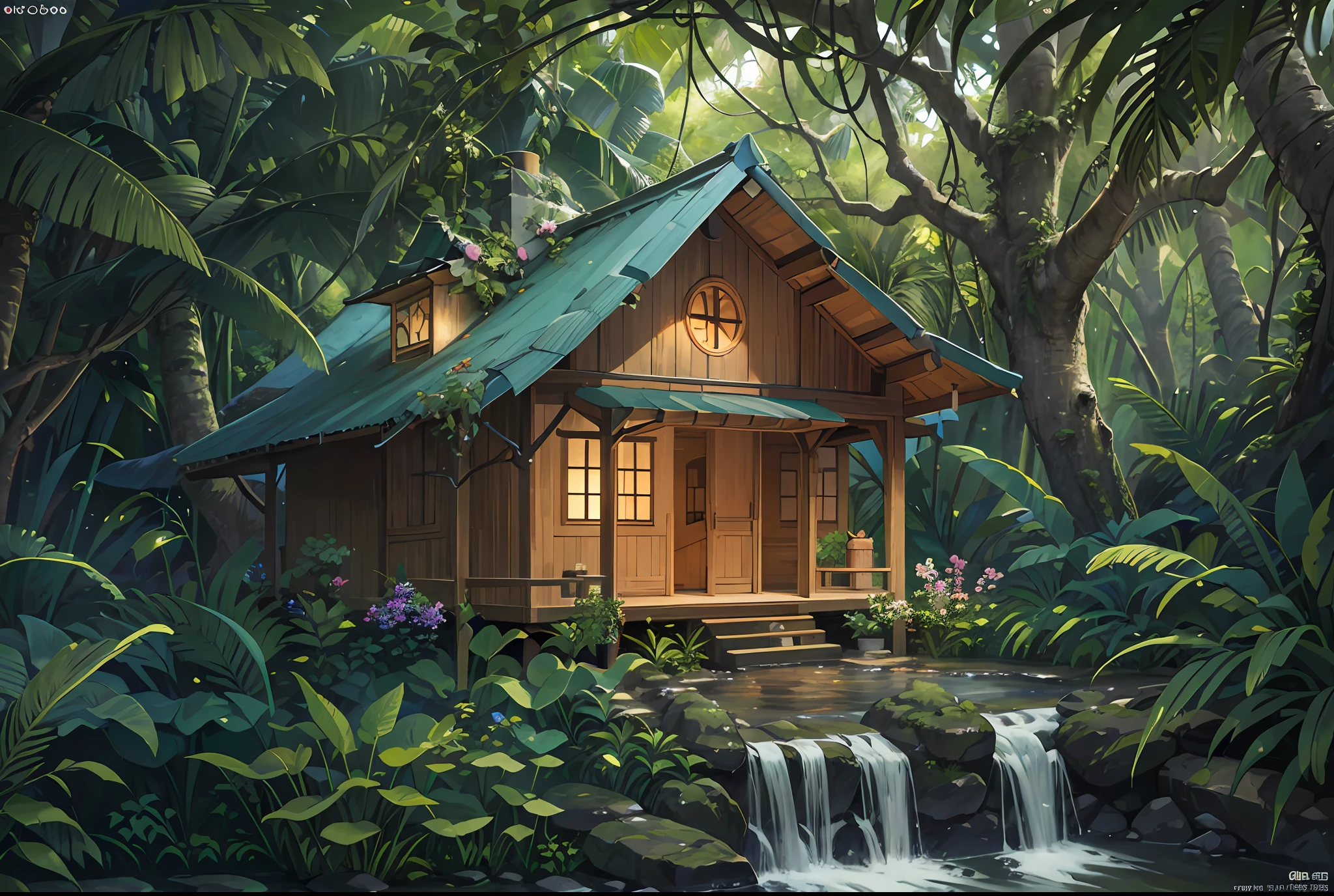 Small wooden house located in a virgin and wild jungle. Orchids in the trees. Small stream next to the house. Very intricate image, hyper-detailed, photorealistic, 8k --auto --s2