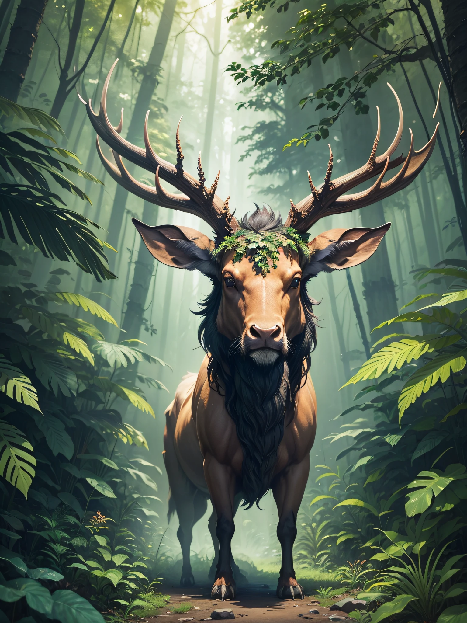 a creature with elk horns, in a jungle